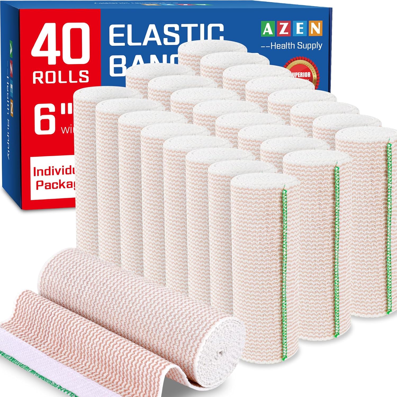 AZEN Premium 40 Pack Elastic Bandage Wrap 6 Inch, Compression Wrap Bandage for Legs, Ankle, Knee, Tummy, Body, Latex-Free, Lymphedema Wraps for Legs