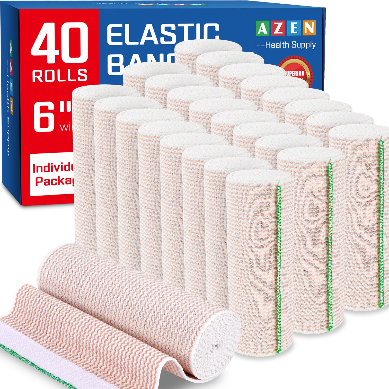 AZEN Paquete de 40 vendas elásticas de compresión de 6 pulgadas para piernas, tobillo, rodilla, barriga, cuerpo, sin látex, vendas de linfedema para piernas