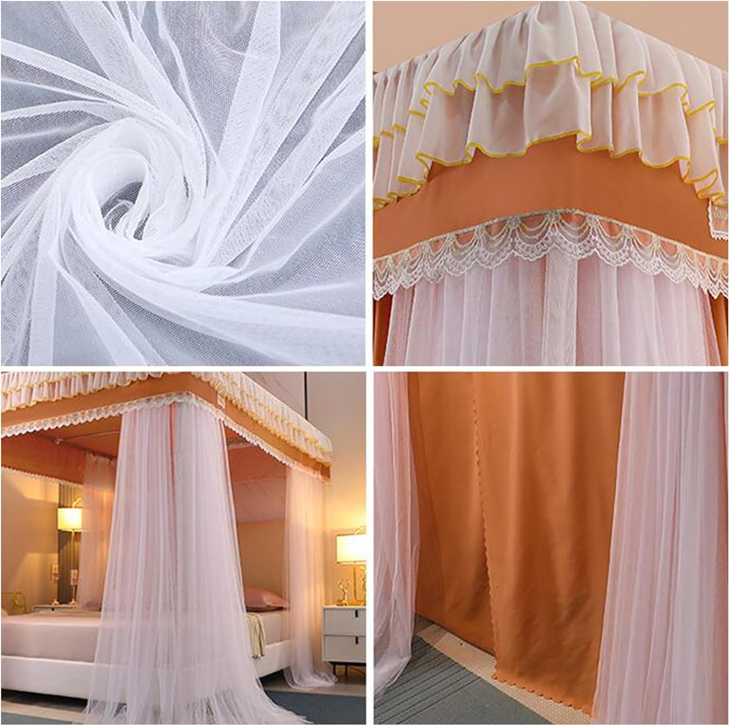 Elegant Double-Layer Canopy Bed Curtains - Luxurious Lace Princess Bed Canopy for Girls & Adults - Fits Twin, Full, Queen, King Beds - Bed Privacy & Blackout Sleeping Tents(Gray,180x200cm/Queen)