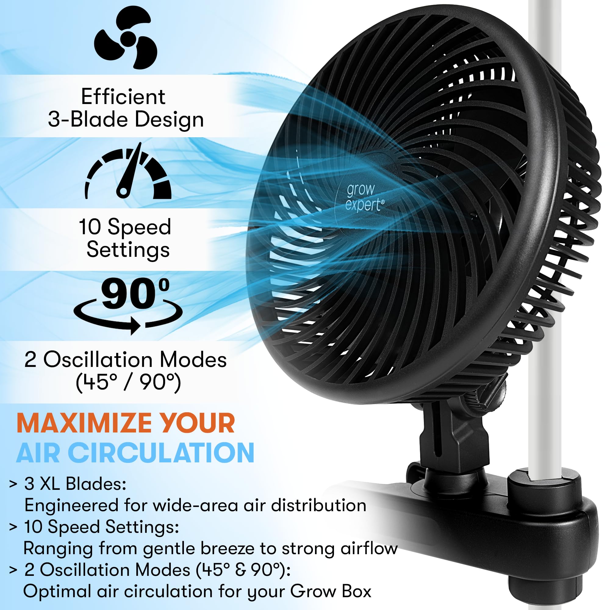 Ventilateur oscillant pour tentes de culture - 10 vitesses, clip silencieux moteur EC | Ventilateur de recirculation optimale pour croissance des plantes - Idéal