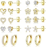 14K Gold Plated Stud Earrings Set for Women - Hypoallergenic CZ Huggie Hoops, Dainty Flower Heart Earrings, 10 Pairs Gift
