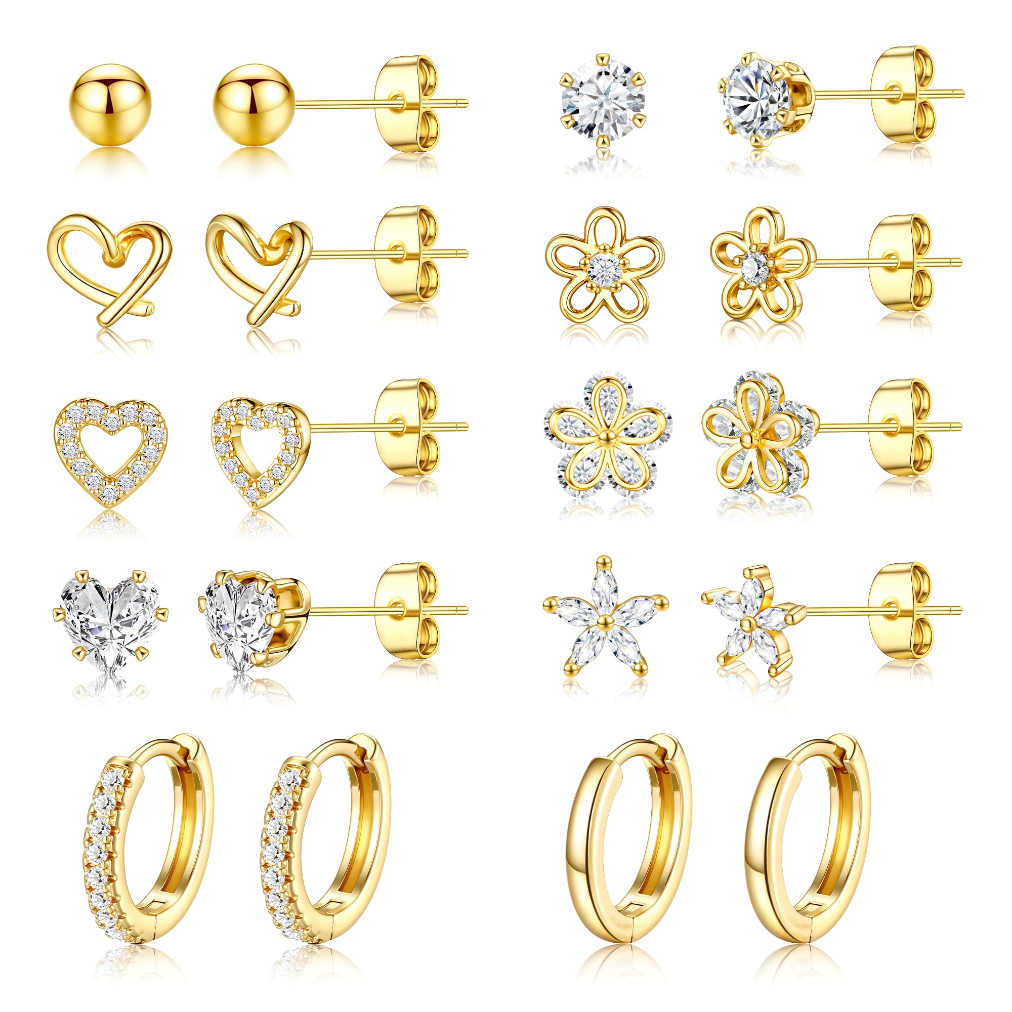 Small Gold Stud Earrings Set for Women - 14K Gold Plated CZ Huggie Hoops Hypoallergenic Earrings Dainty Flower Heart Stud Earrings for Jewelry Gift
