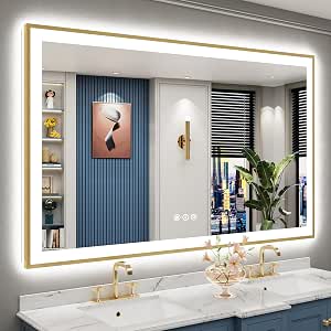 Amazon.com: AWANDEE 66x40 Gold LED Bathroom Mirror with Lights, Brushed ...