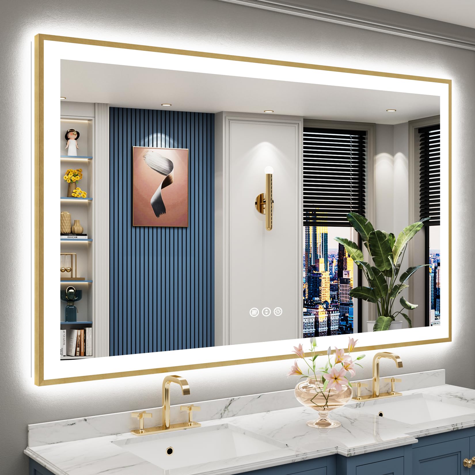 66x40 Gold LED Bathroom Mirror with Lights, Lighted Vanity Mirror
