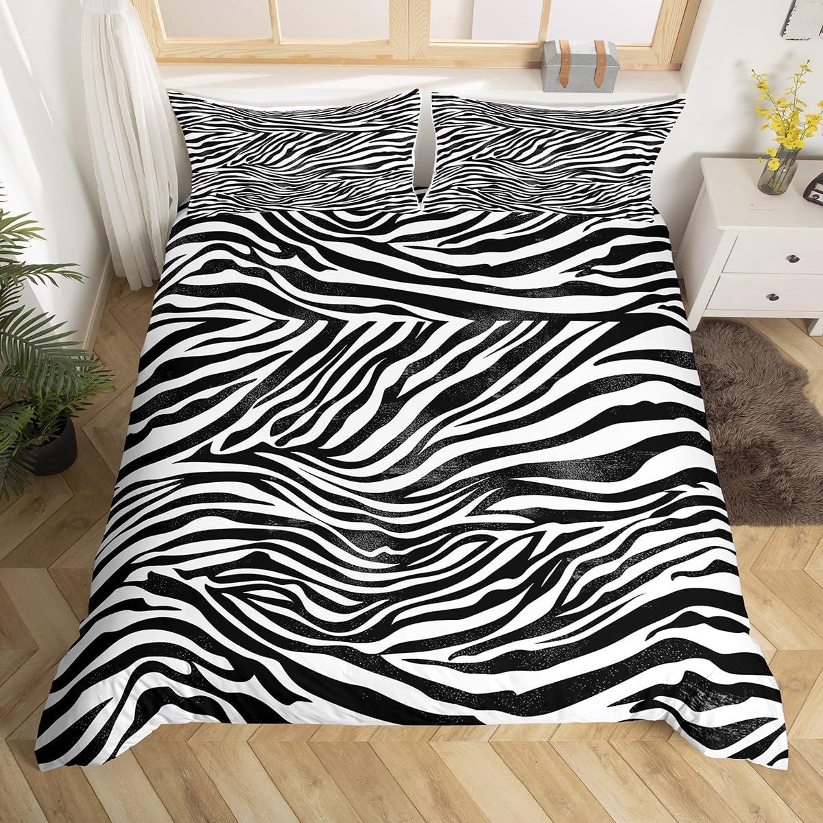 Feelyou Zebra Bedding Duvet Cover Set Twin Size Animal Print Bedding Set for Kids Boys Girls Decor Black White Comforter Cover Set Microfiber Abstract Art Bedspread Cover Bedroom Stripes Bedclothes