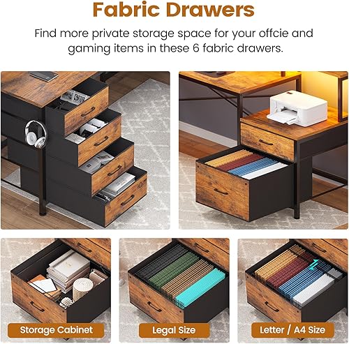 Miniatura 5 de SEDETA Escritorio en forma de L con 6 cajones, escritorio de oficina en casa de 108 pulgadas con cajón de archivos y toma de corriente, escritorio