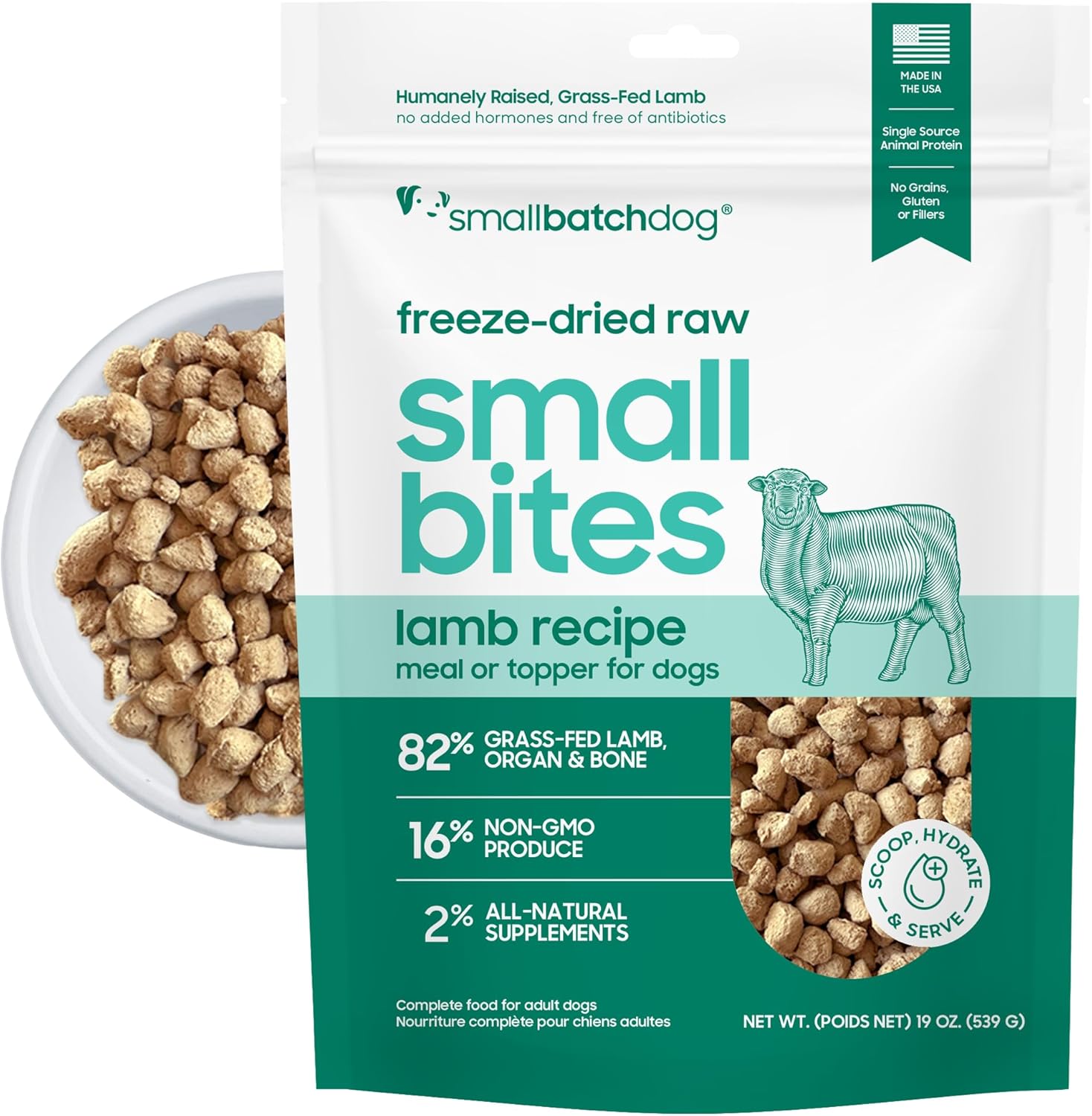 smallbatch Freeze Dried Dog Food – Lamb Recipe, Small Bites, Grain Free, Organic Produce – Grass Fed Lamb Hearts & Organs – High Protein Meal – Complete & Balanced Nutrition – 19 oz, Made in USA