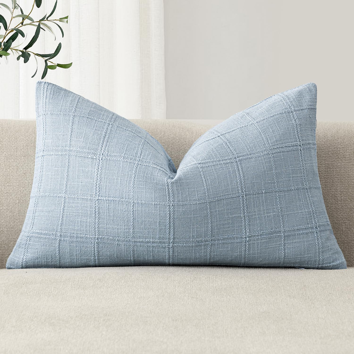 Foindtower Set of 1 Decorative Linen Check Throw Pillow Cover Neutral Farmhouse Lumbar Cushion Cover Modern Boho Accent Home Decor for Sofa Chair Couch Bedroom Living Room,12×24 Inch,Sky Blue