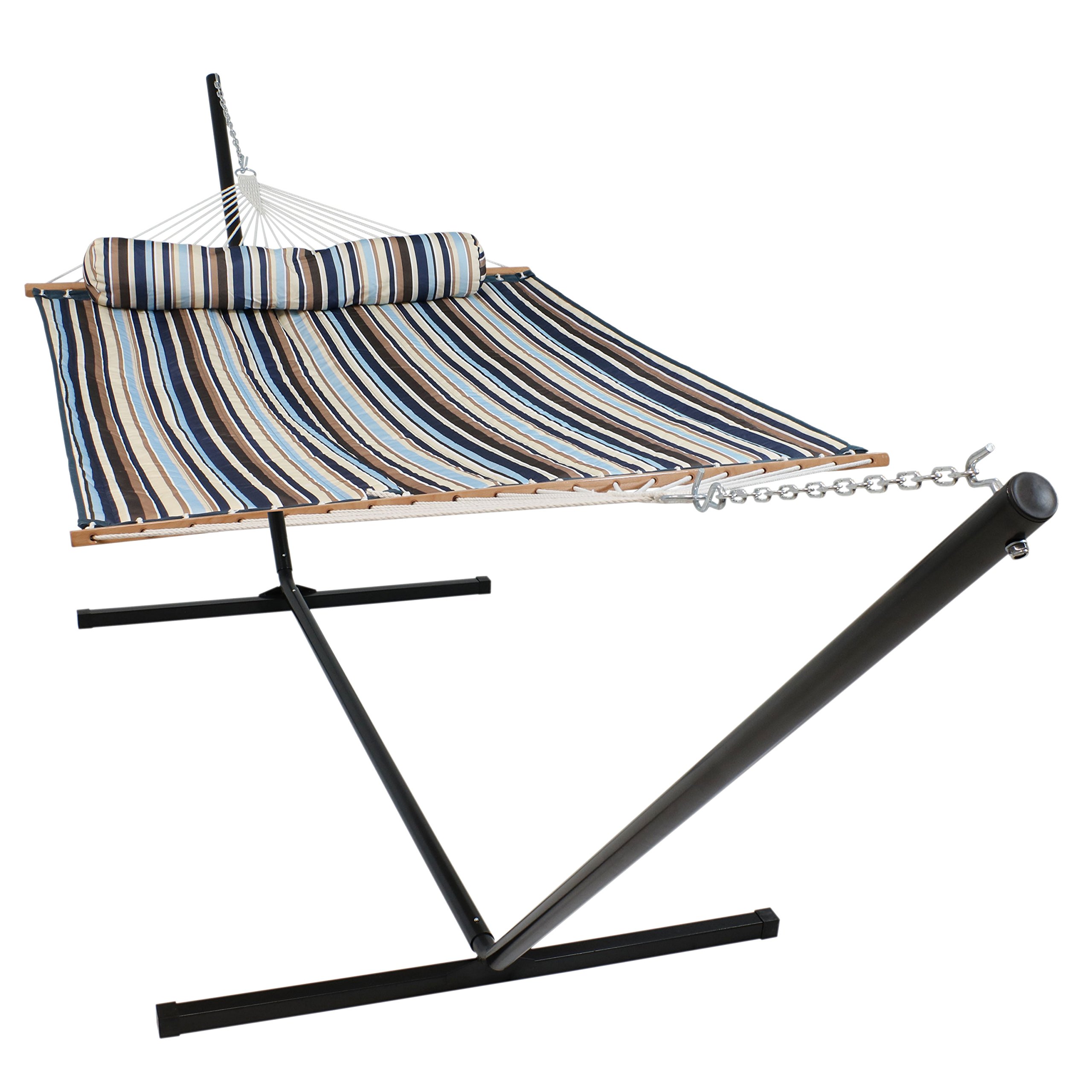 Sunnydaze Quilted Double Hammock with Stand for Outside - 400-Pound Capacity 2-Person Hammock with Stand - 15-Foot Stand - Ocean Isle