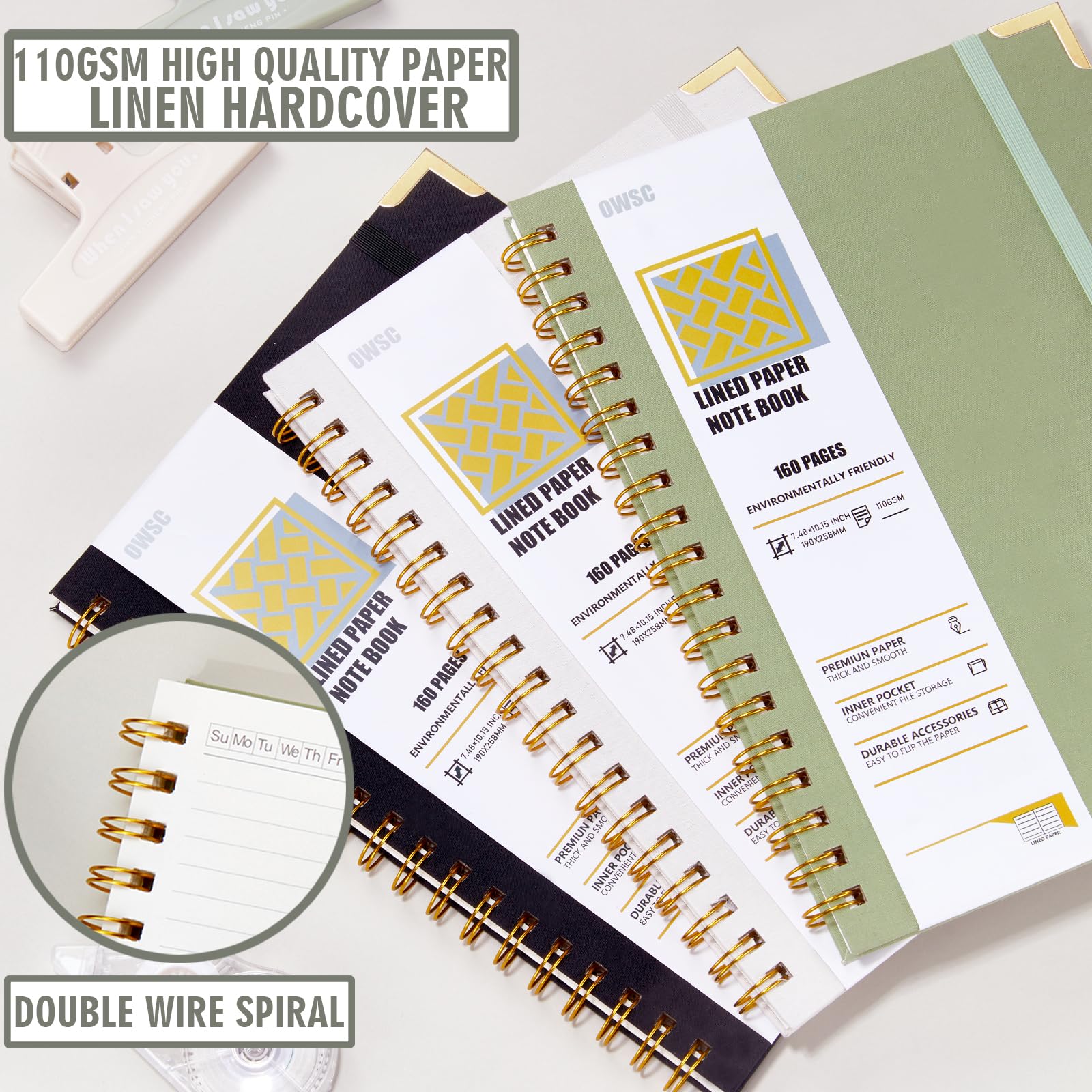 OWSC Cuaderno de espiral rayado con papel grueso de 110 g/m², 480 páginas tamaño B5, cuaderno rayado universitario, tapa dura de 7.1 x 10 pulgadas para mujeres y hombres, cuadernos para el trabajo, la