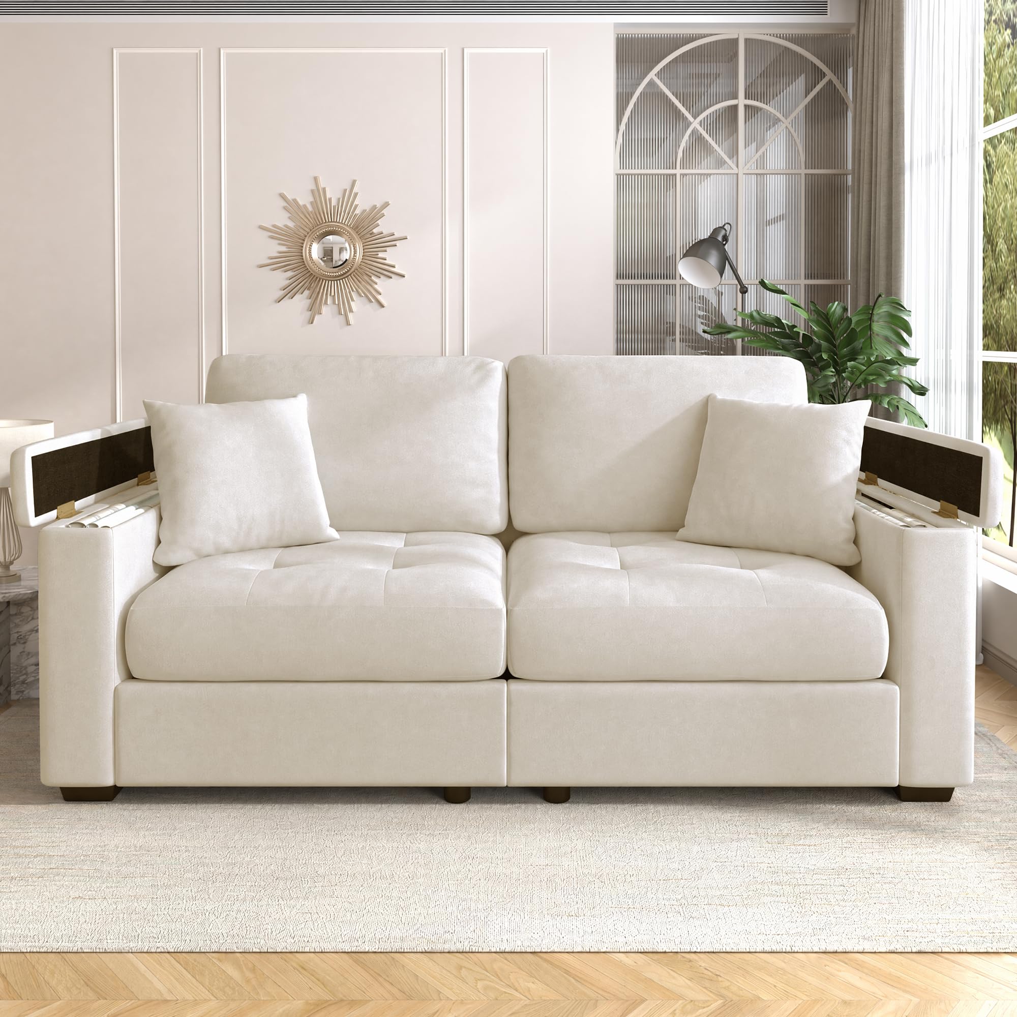 Modernes Zweisitzer-Sofa mit Stauraum in den Armlehnen, aus weichem Chenille-Stoff, inklusive 2 bequemen Kissen, mit hochdichter Schaumstoffpolsterung für höchsten Sitzkomfort (Beige)