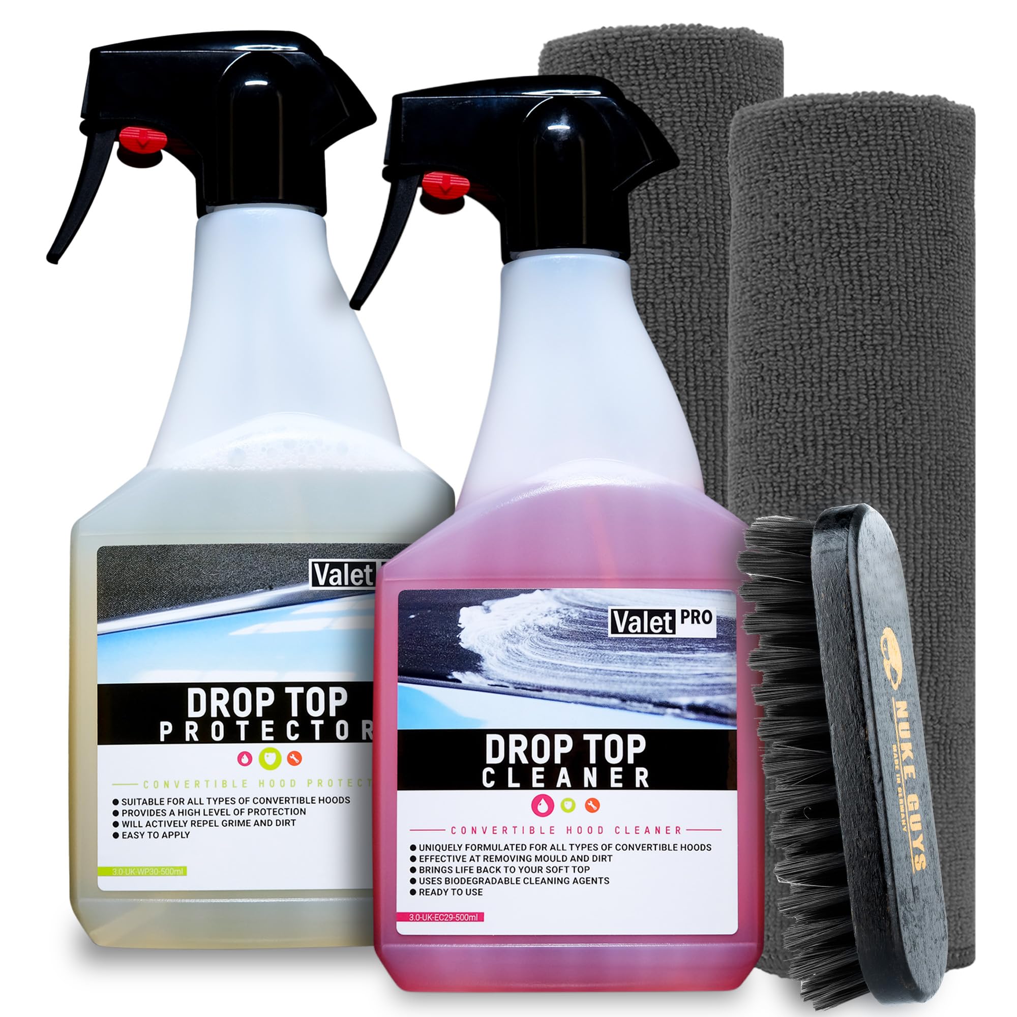 detailmate Cabriodach Reiniger und Imprägnierung Bundle mit Bürste und 2x Mikrofasertuch: Valet PRO Drop Top Cleaner 500ml + Drop Top Protector 500ml Verdeck Pflege + Zubehör