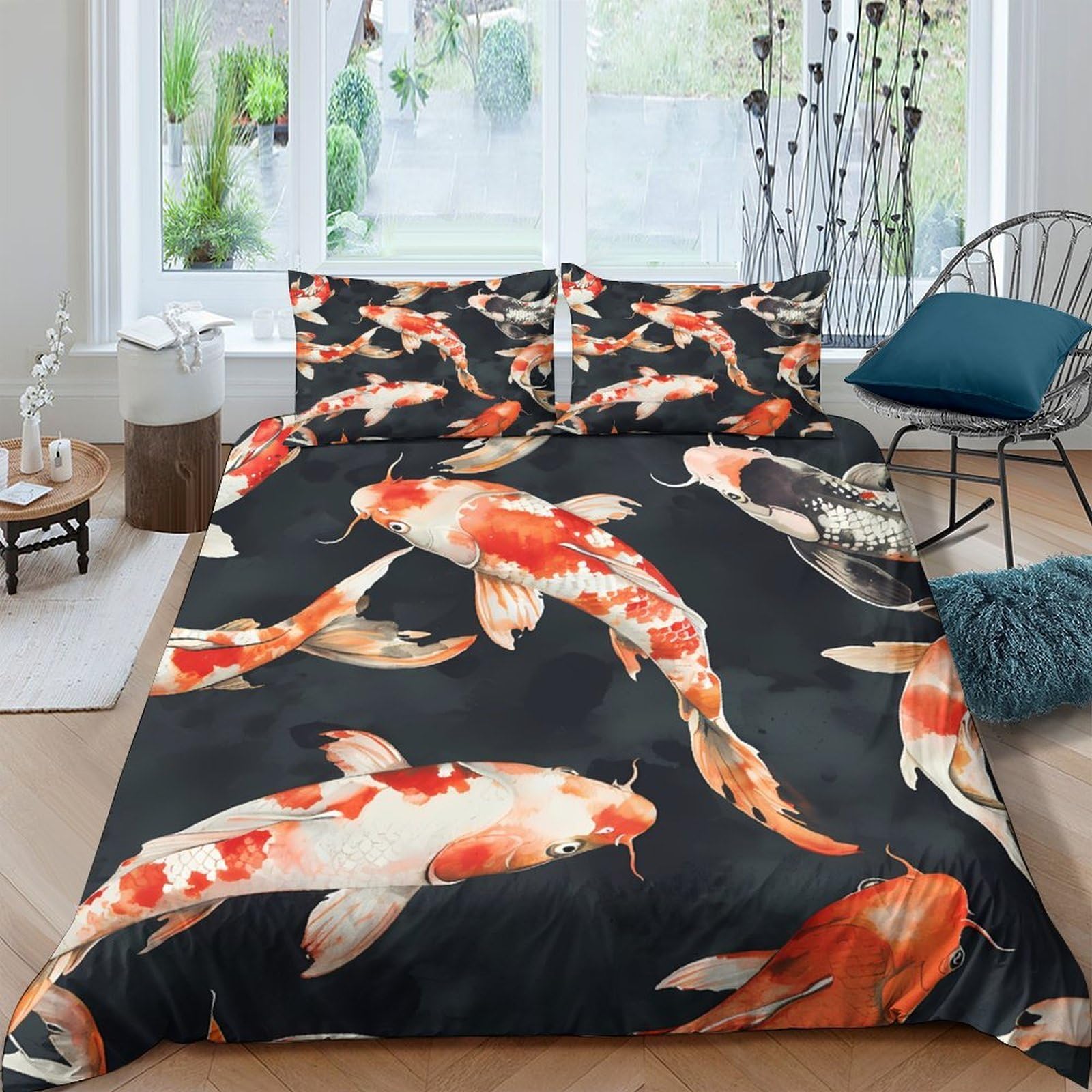 Ctjqhvkz Style-3 3D Printed Koi Fish Fitted Sheet Microfiber Soft Black Goldfish Bed Cover For Bedroom Guest Room Mattress Protection Single（135X200cm）
