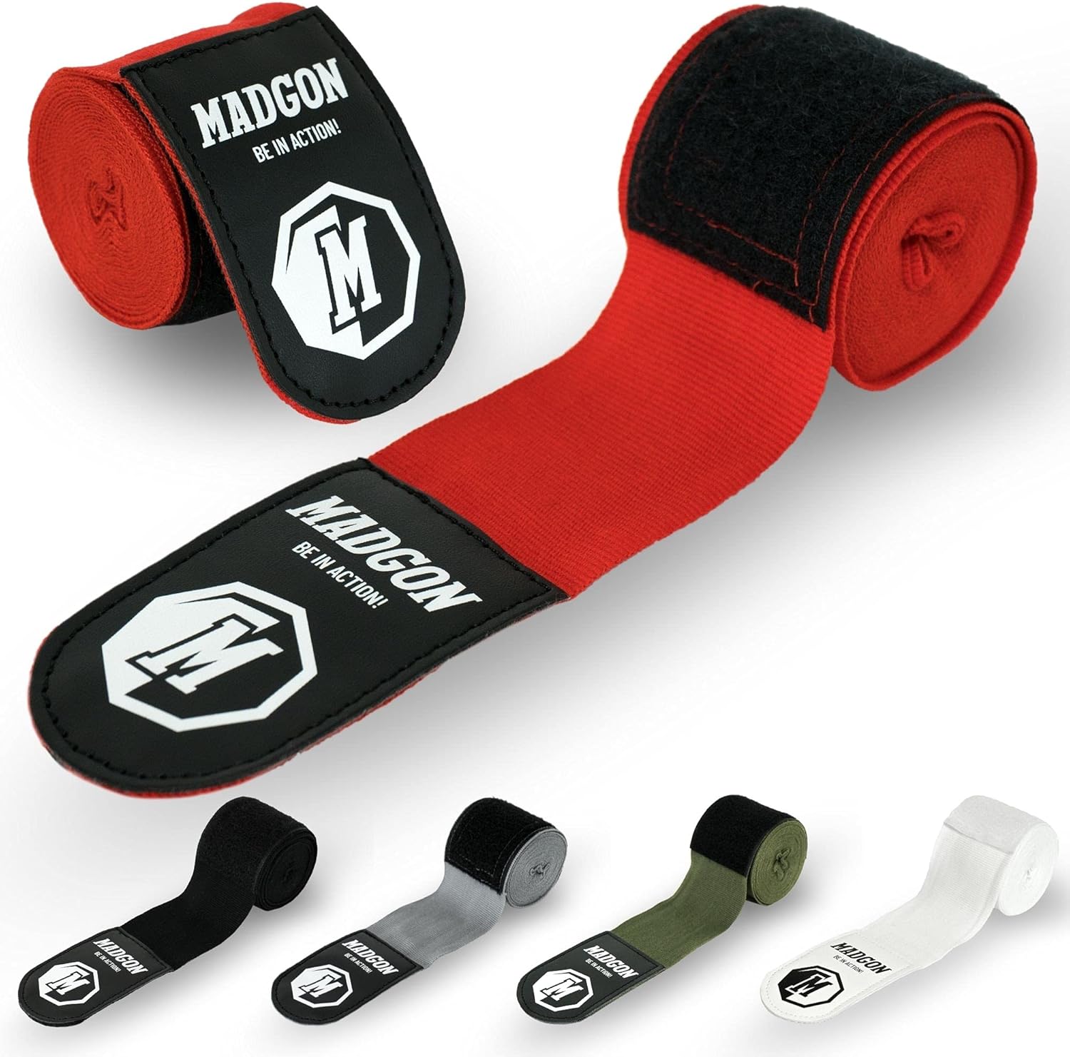 MADGON Vendas Boxeo con Correa de Velcro y Gancho para el Pulgar – 3m / 3,8 m / 4,5m – Vendaje Boxeo Duradero para MMA, Kickboxing, Sparring – Excelente Absorción del Sudor
