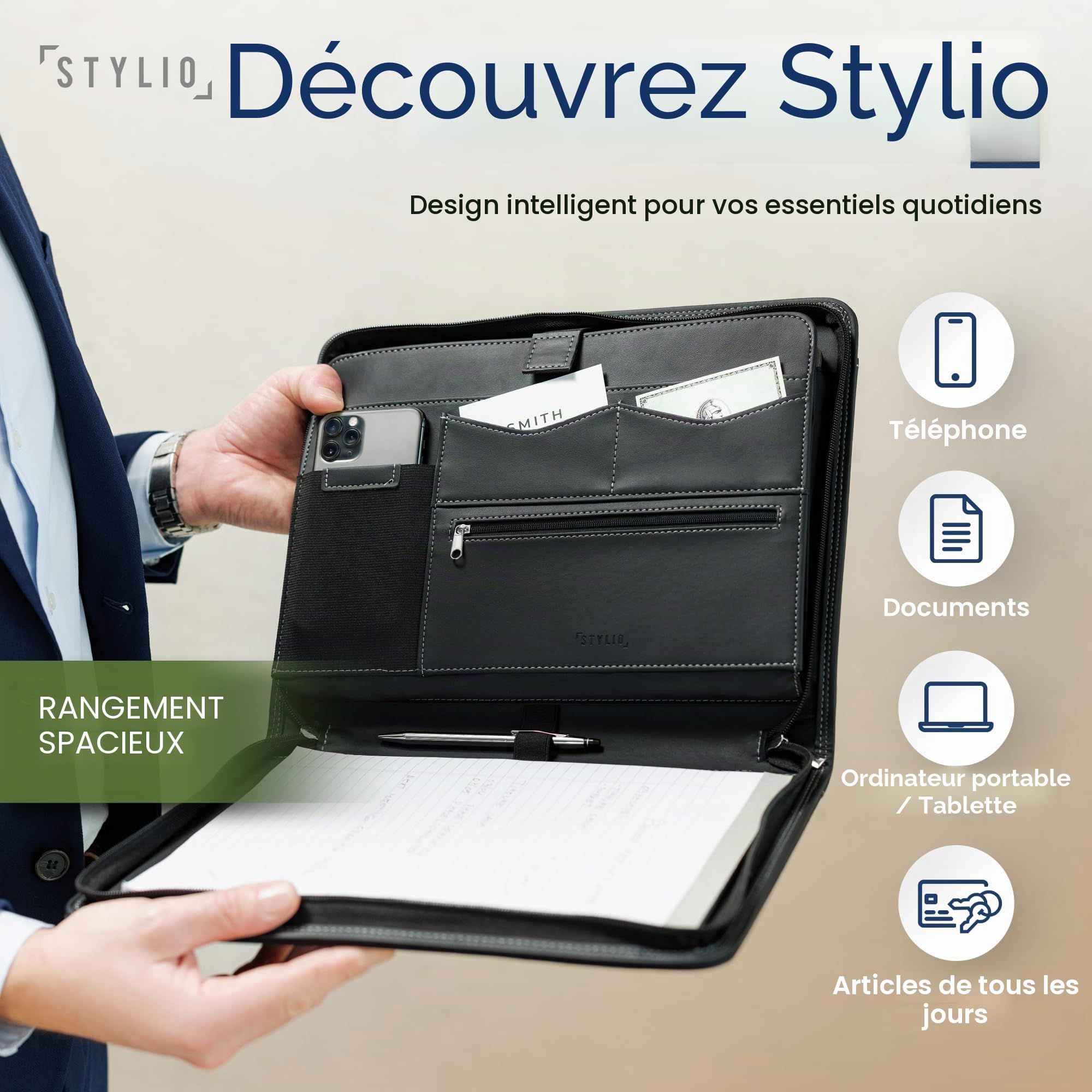STYLIO Conférencier à fermeture éclair Format A4 Porte-documents pour iPad/tablette (jusqu'à 11") Téléphone et cartes de visite Étui en cuir vegan avec bloc-notes