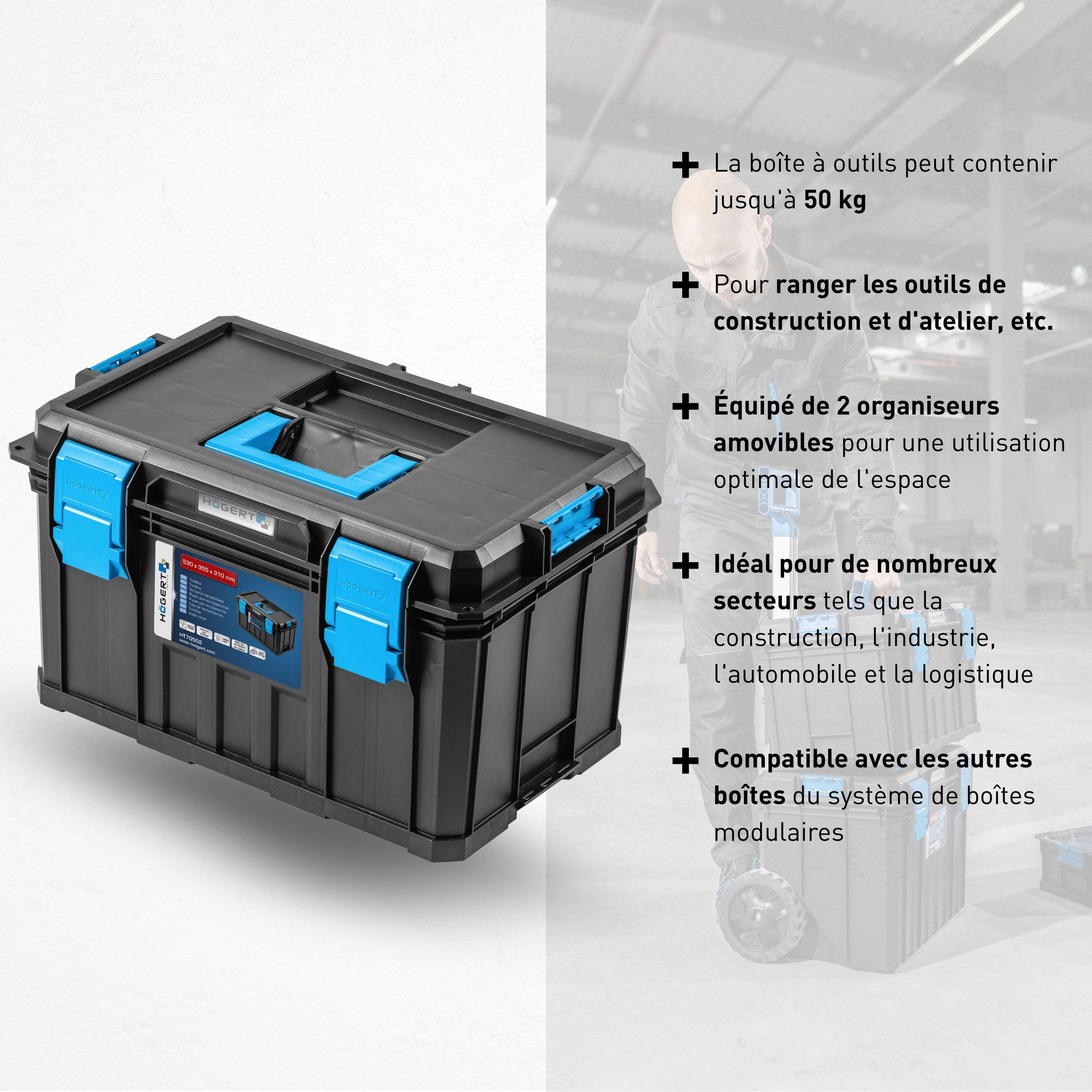 Högert Technik - Boite à Outils HT7G502, Outils Bricolage, Boîte à Outils avec une Capacité de Charge jusqu'à 50 kg, Trousse a Outils, Fermetures Robustes en ABS, Construction Modulaire