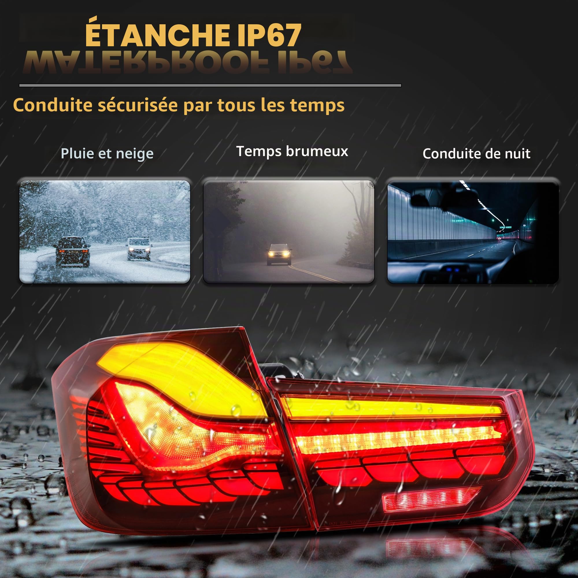 VLAND Feux Arrière OLED pour Série 3 F30 F80 M3 berline 2013-2018, avec affichage dynamique, côté conducteur et passager - Rouge
