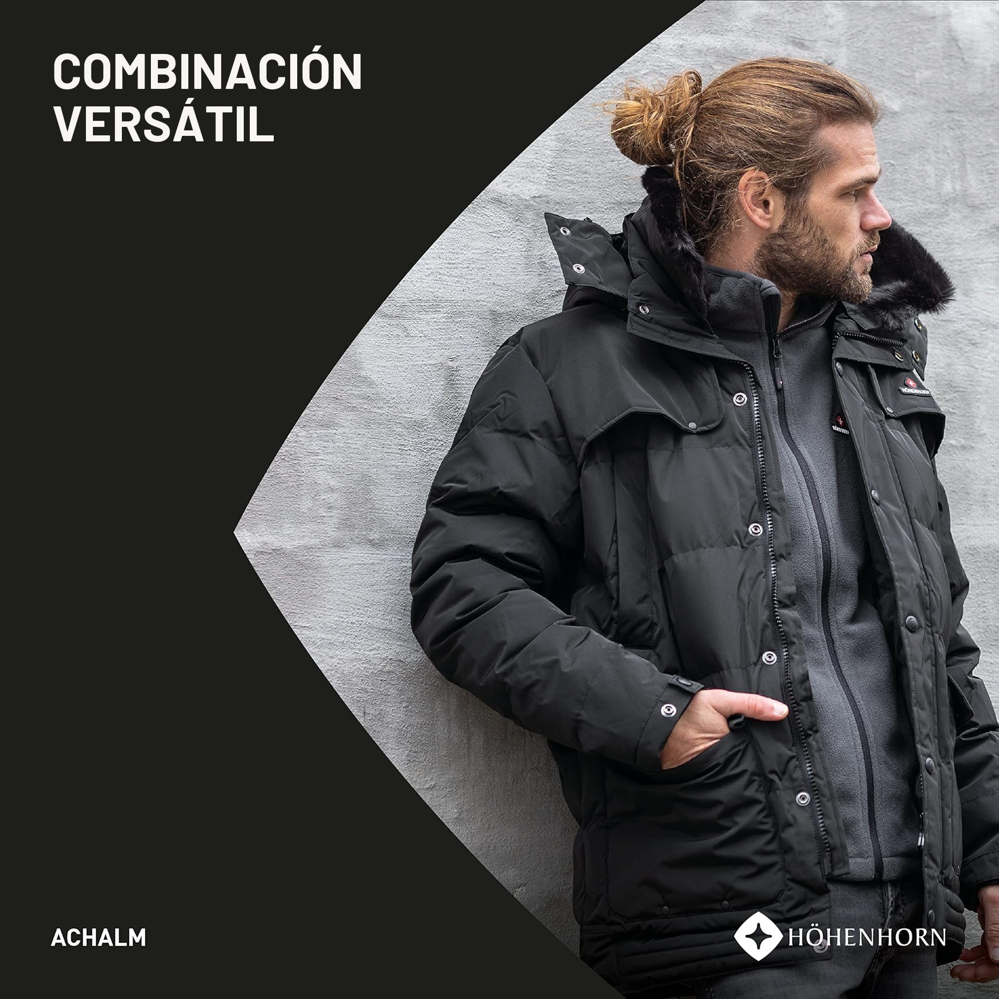 Höhenhorn Achalm - Chaqueta acolchada de invierno para hombre con capucha desmontable y cuello de piel sintética