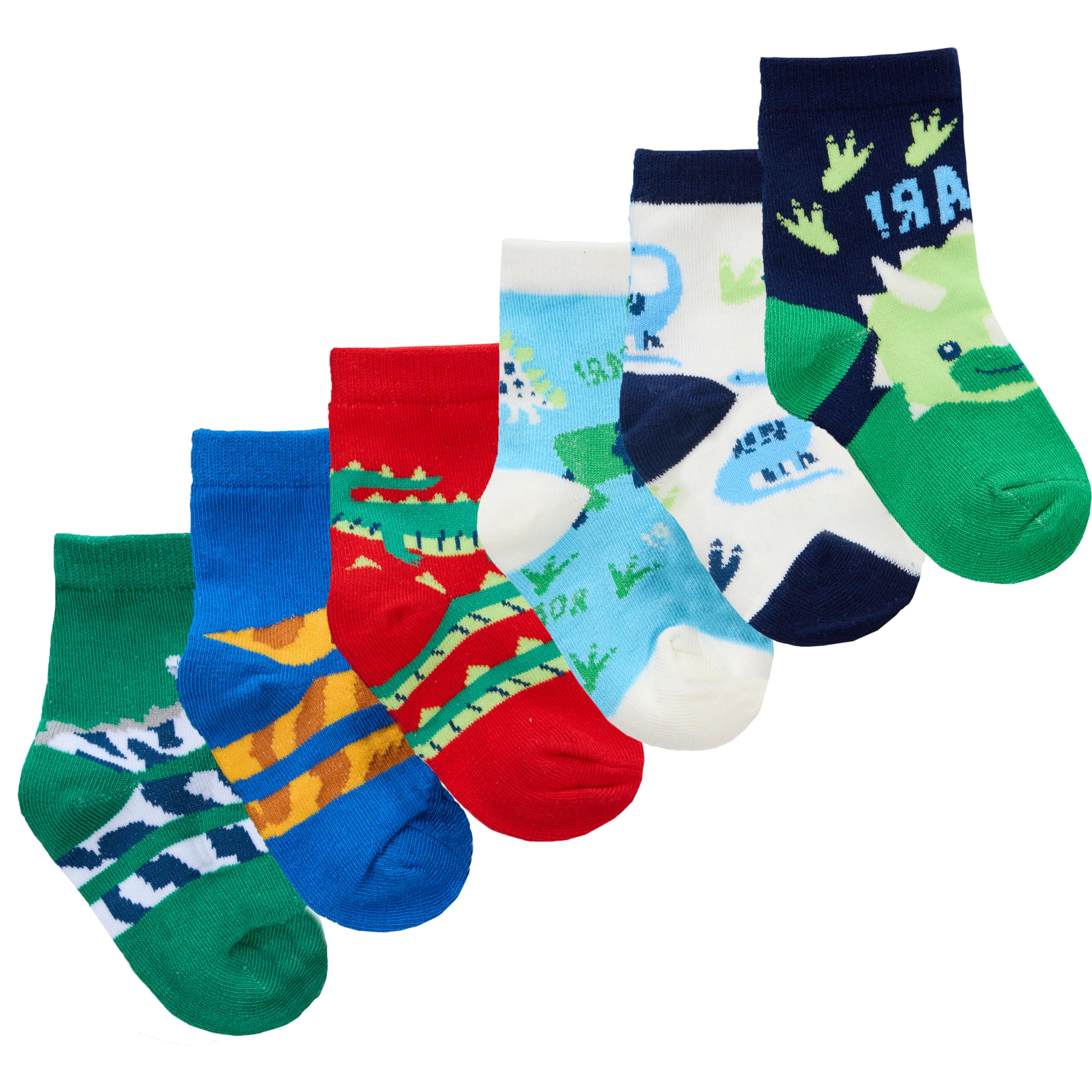 Metzuyan Baby Boys 6 Pairs Cotton Rich Patterned Ankle Socks Dino and Animals 3-5.5