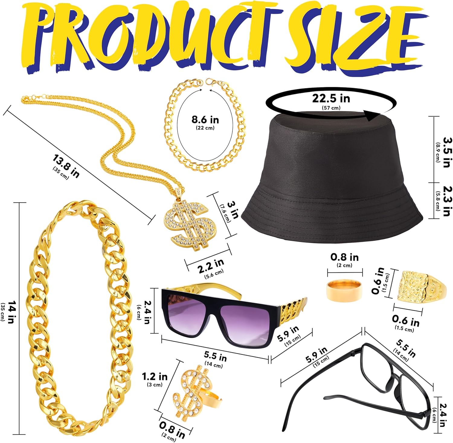 Spooktacular Creations 12 Pcs Hip Hop Costume Kit, 80s 90s Rapper Fake Gold Chain Necklace Dollar Sign Accessories Outfit for Men Women Halloween Old School Rapper Cosplay Themed Party Supplies - Image 3