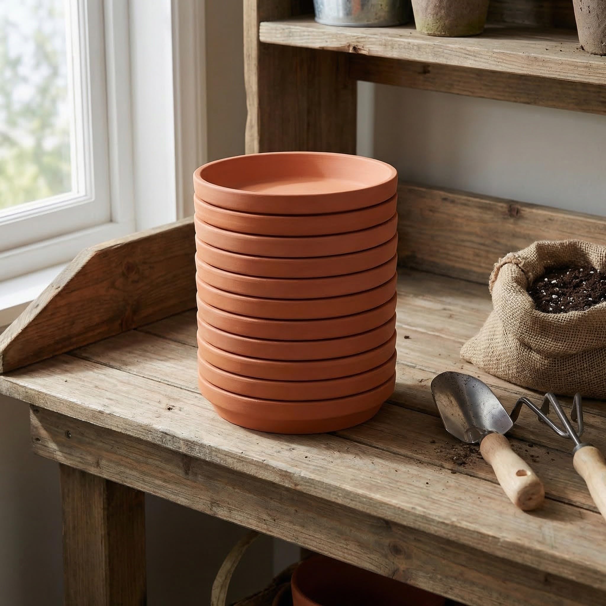 Sottovasi e Materiale Traspirante in Terracotta Rotondi Set da 12 Pezzi Design Stabile a Bordo Basso per Piante da Esterno da Tavolo per Giardino e Balcone