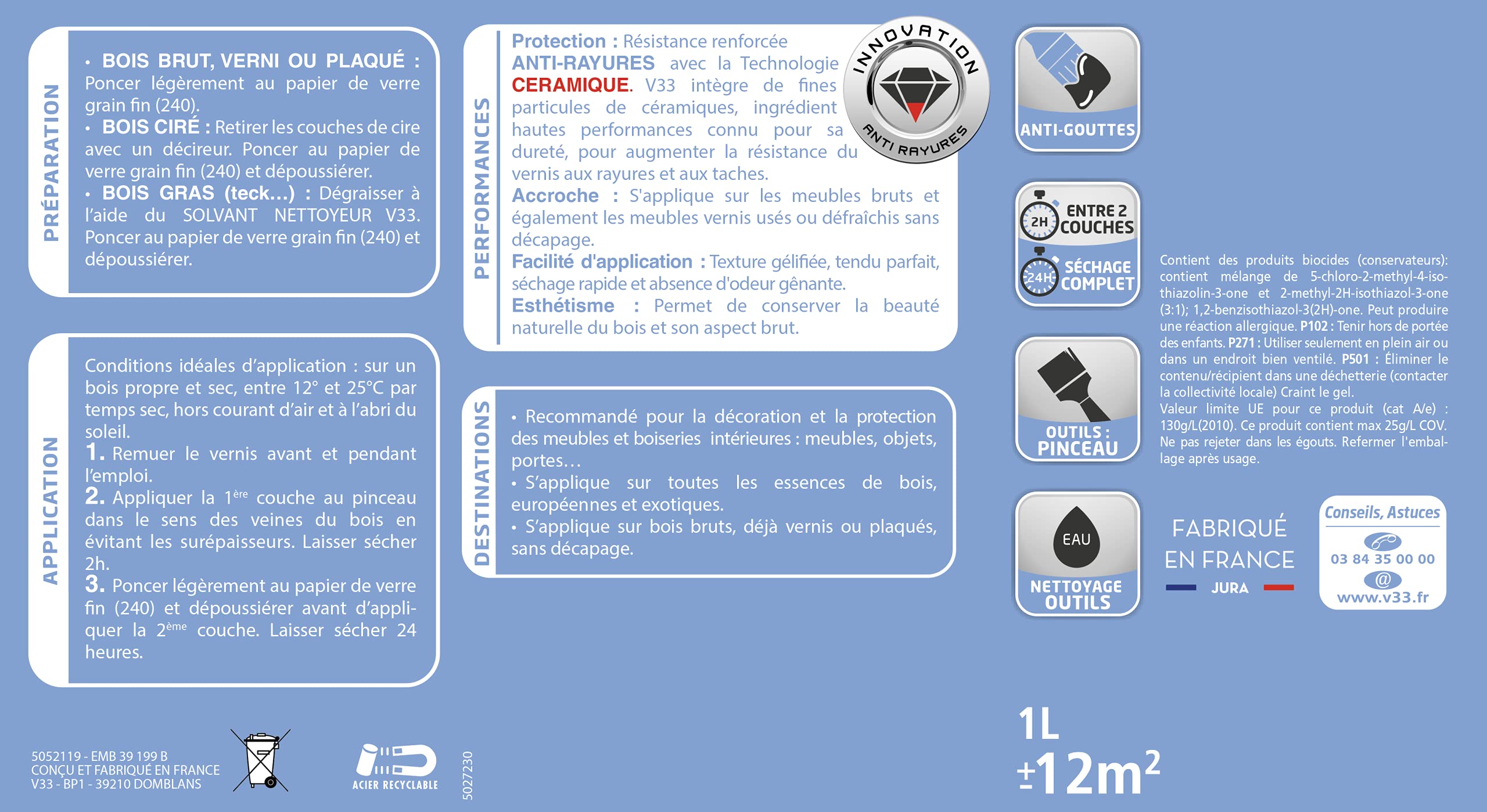 V33 Vernis intérieur Mat meubles boiseries Incolore 1L