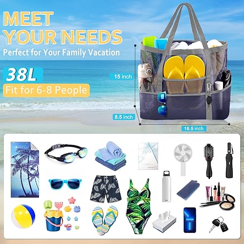 Miniatura 2 de SRISE Mesh Beach Bag - Large Beach Tote Bag for Family Beach Bag for Toys & Vacation Essentials