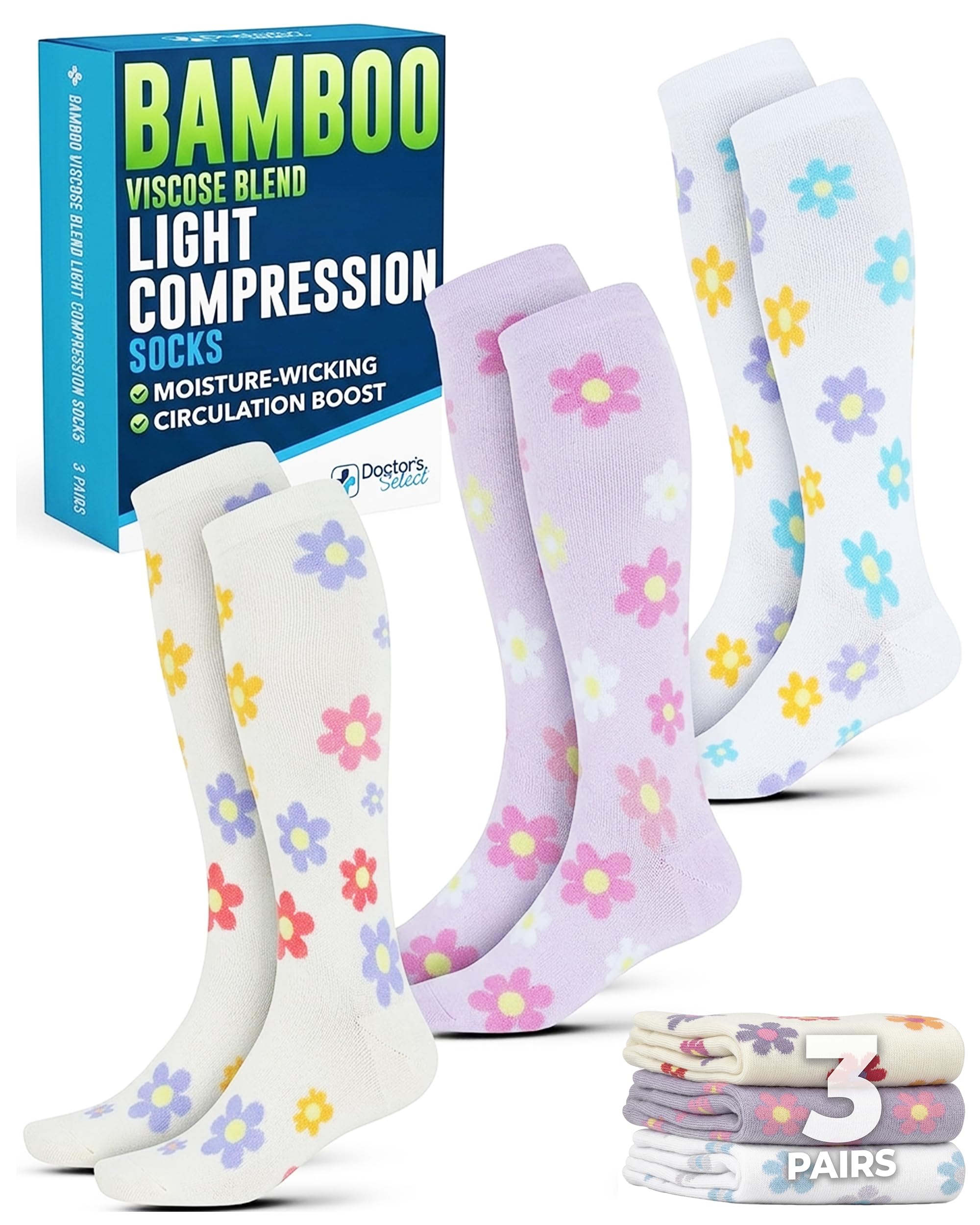 Doctor's Select® Bamboo Viscose Light Compression Socks for Women &amp; Men - 3 Pairs, 8-15 mmHg Compression Socks, Knee High