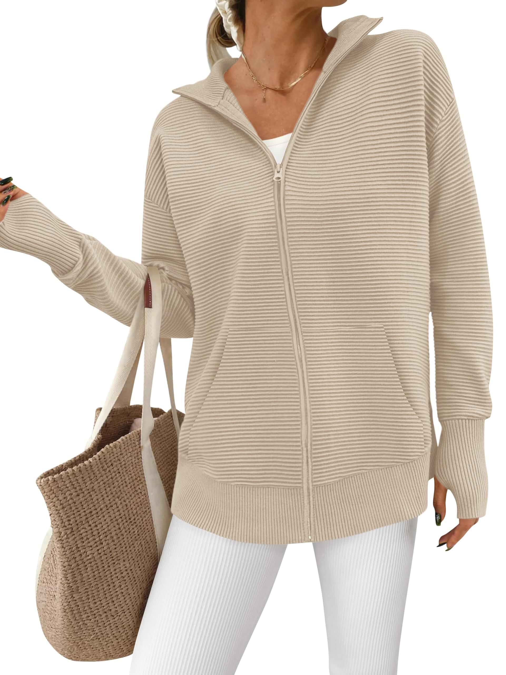 PRETTYGARDEN Womens Long Sleeve Zip Up Ribbed Cardigan Sweaters Loose Fit Collared Tunic Sweater, Soft Knit Tops with Thumb Hole, Lightweight Jacket Women, Fall Outfits for Women 2026