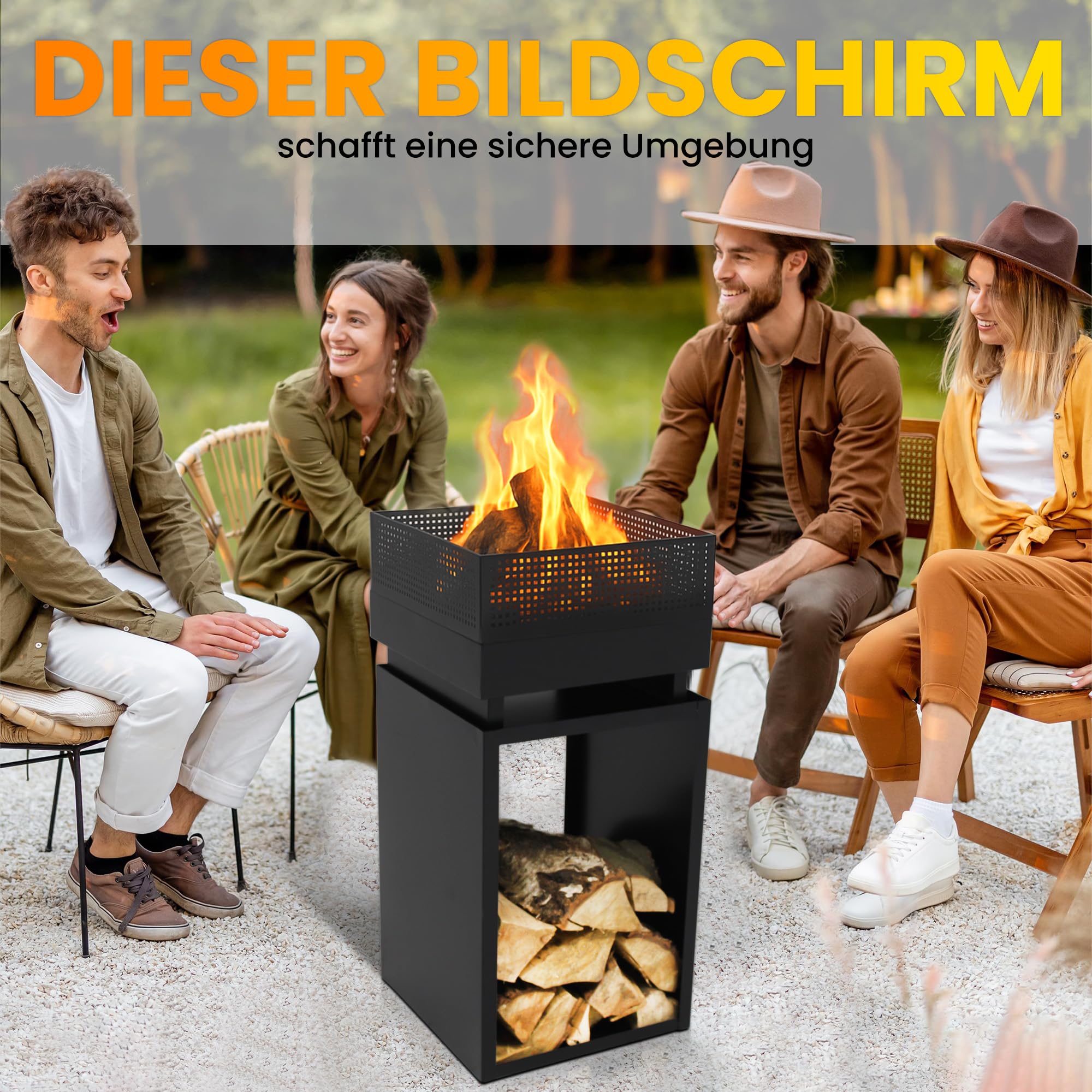 Feuerkorb mit Funkenschutz, Feuertonne, Holzofen,feuerschalen, Deko Terrasse, Außenofen, Gartenkamin, Aufbewahrung, Firepit, Stahl, 39 x 39 x 85 cm