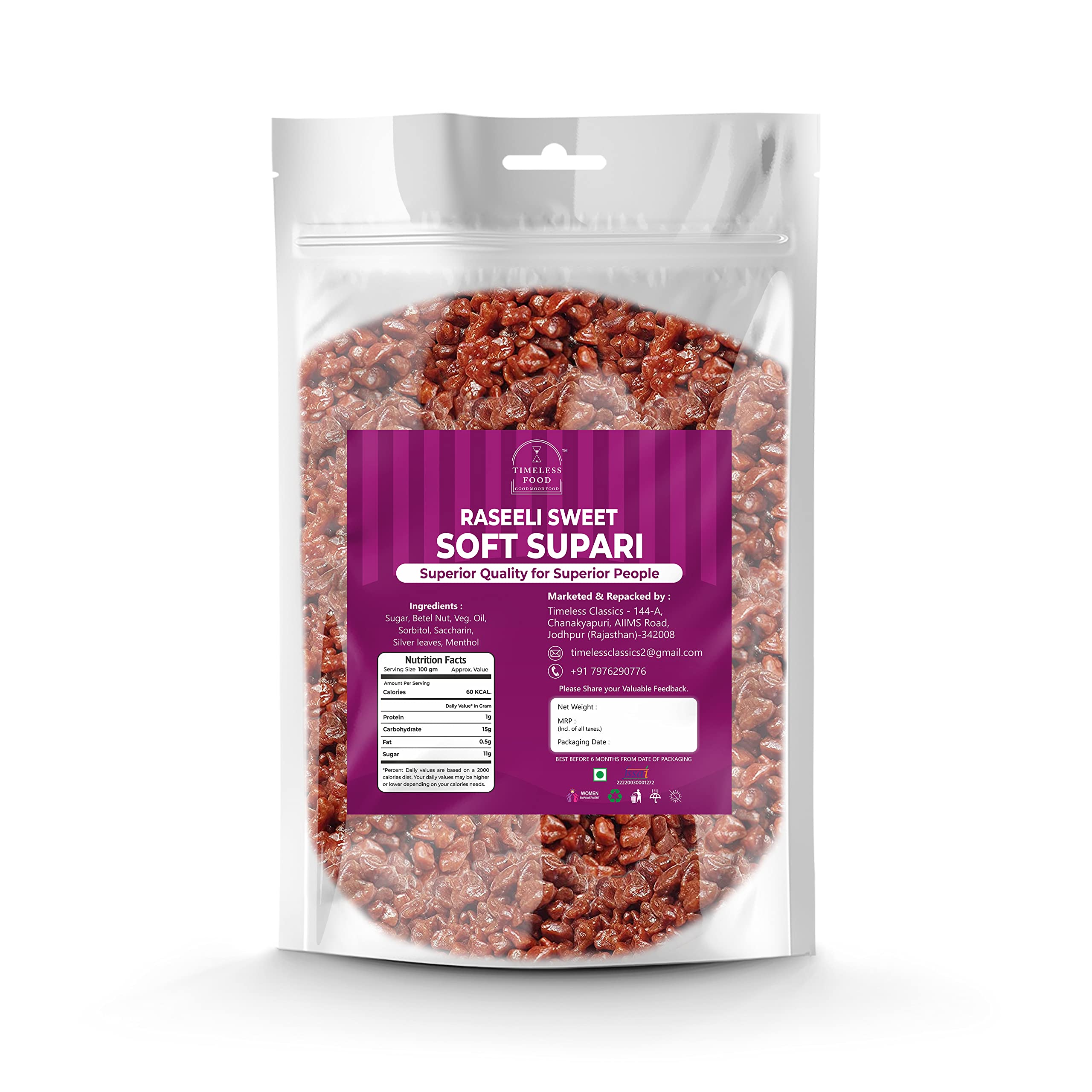 Timeless Food : Sweet Soft Supari Raseeli 100 gm (Betel Nut Chew with a Unique Aroma & soft texture mouth freshner) (B0BXXP8TKF) Amazon Price History, Amazon Price Tracker