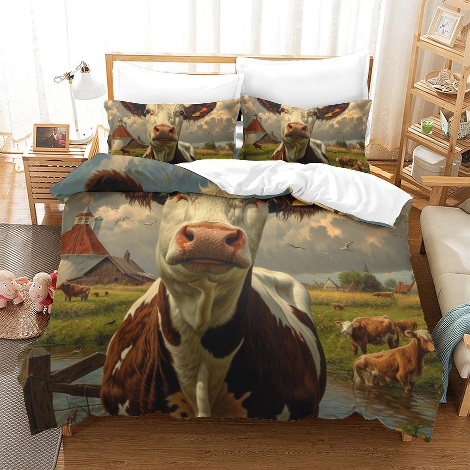 Housse de couette vache 3D en microfibre 200x200 cm avec taies