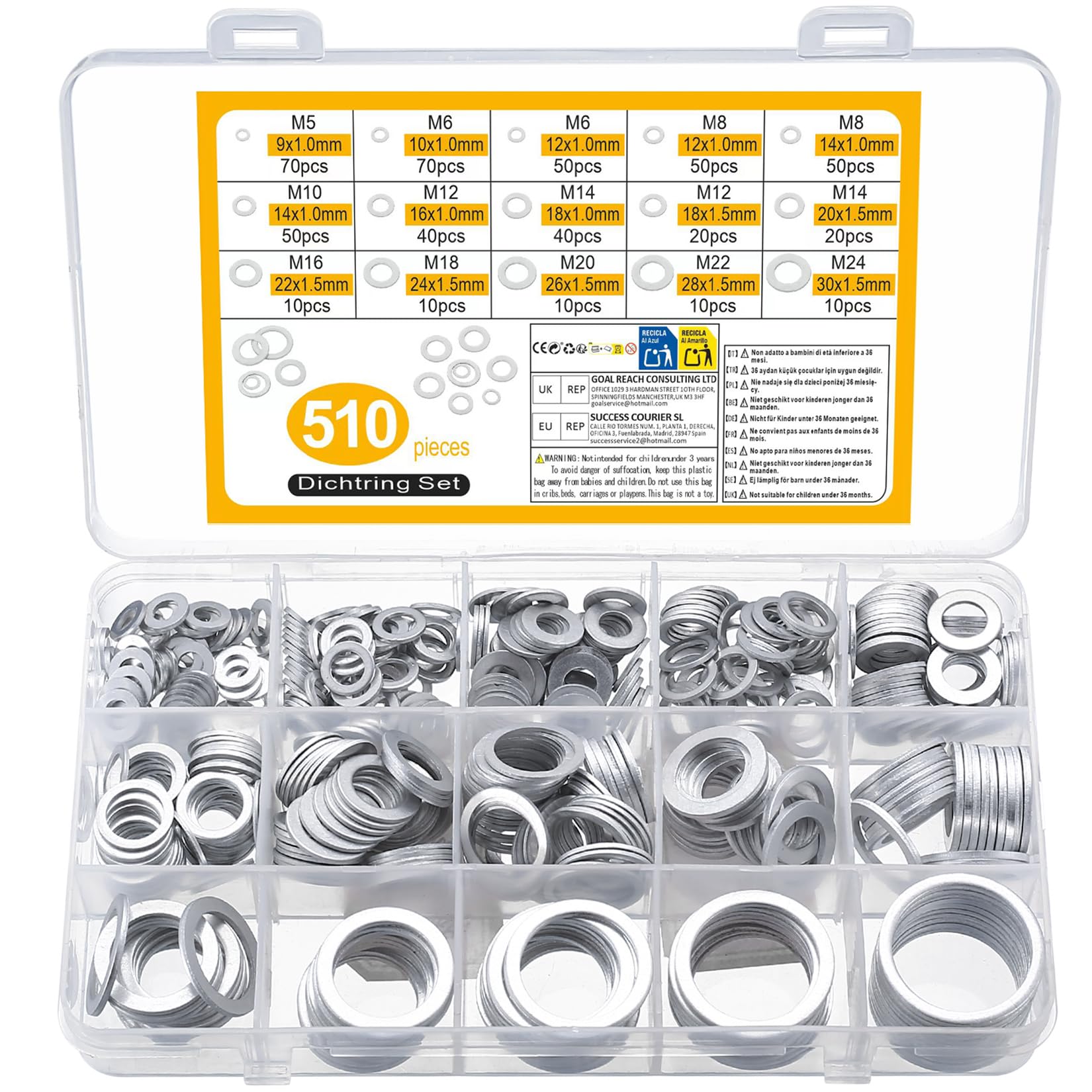 510 Pcs Aluminum Flat Washers for Screws Metal Washers for Bolts M5 M6 M8 M10 M12 M14 M16 M18 M20 M22 M24 Assorted Washerss