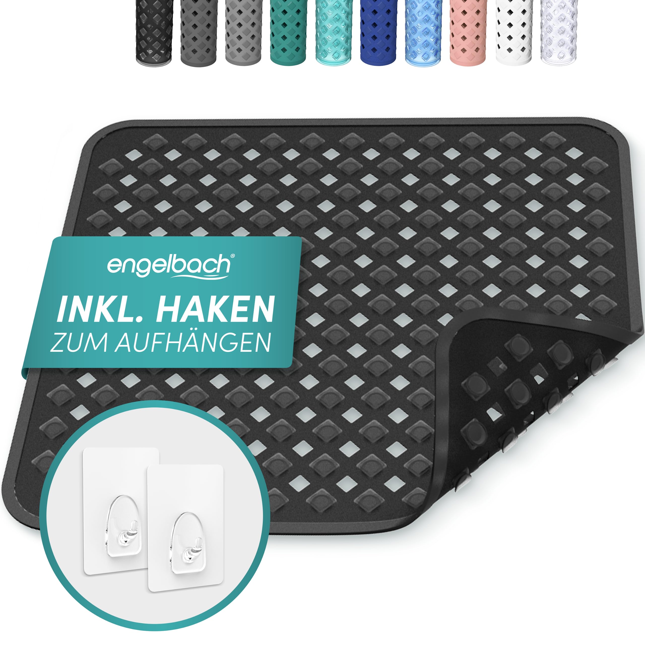 Engelbach® Duschmatte rutschfest 53x53cm inkl. 2 Haken - Antibakteriell & BPA-frei - Duscheinlage, Antirutschmatte - Waschmaschinen geeignet und schimmelresistent