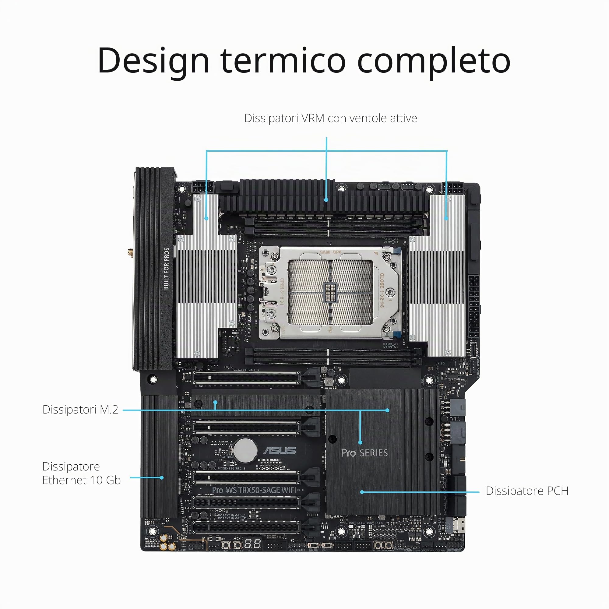 ASUS PRO WS TRX50-SAGE WIFI A, Scheda Madre Workstation AMD, Slot DDR5 Nera | Socket AMD sTR5 per CPU a 96 Core, 36 Stadi di Alimentazione, ECC R-DIMM, Tre Slot M.2, Tre slot PCIe 5.0, USB-C 20 Gbps