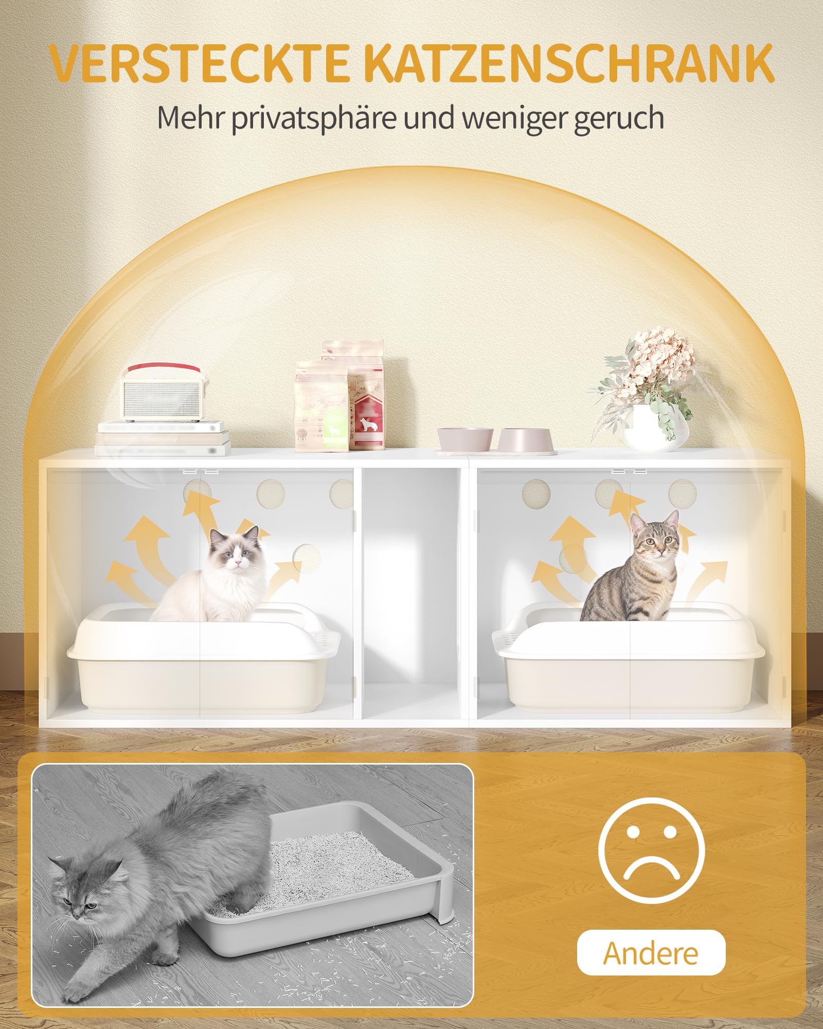 Hzuaneri Katzenschrank für 2 Katzen, Katzenklo Schrank, Katzenhaus Versteckt mit Doppelräumen, Kann als Fernsehschrank, Katzenmöbel, 140 x 48,3 x 48 cm, Weiß CB65603X