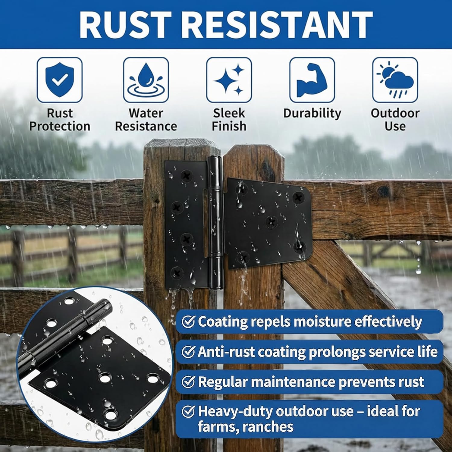 TamBee Black Gate Hinges Shed Hinges Heavy Duty Gate Hinges for Wooden Fences Barn Door Hinges for Wood Outdoor 3.5inch with Screws (Pack of 6)