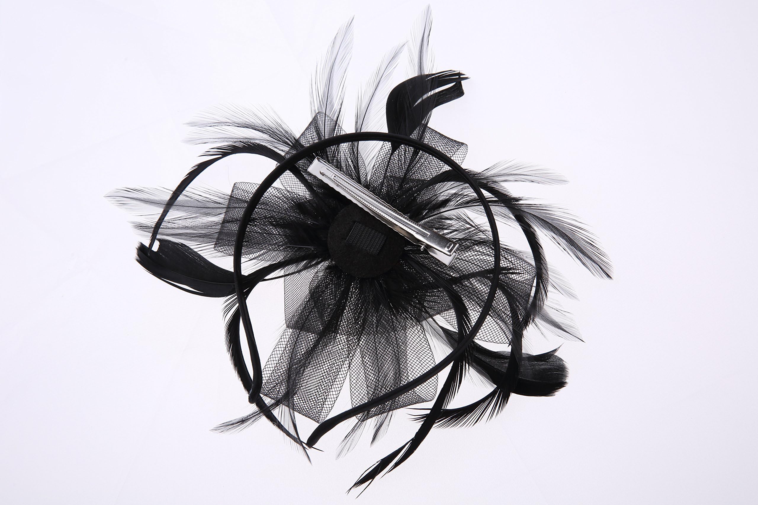 Tocado de plumas para cóctel de flores, fiesta de té, sombrero Derby para niñas y mujeres (negro, talla única)