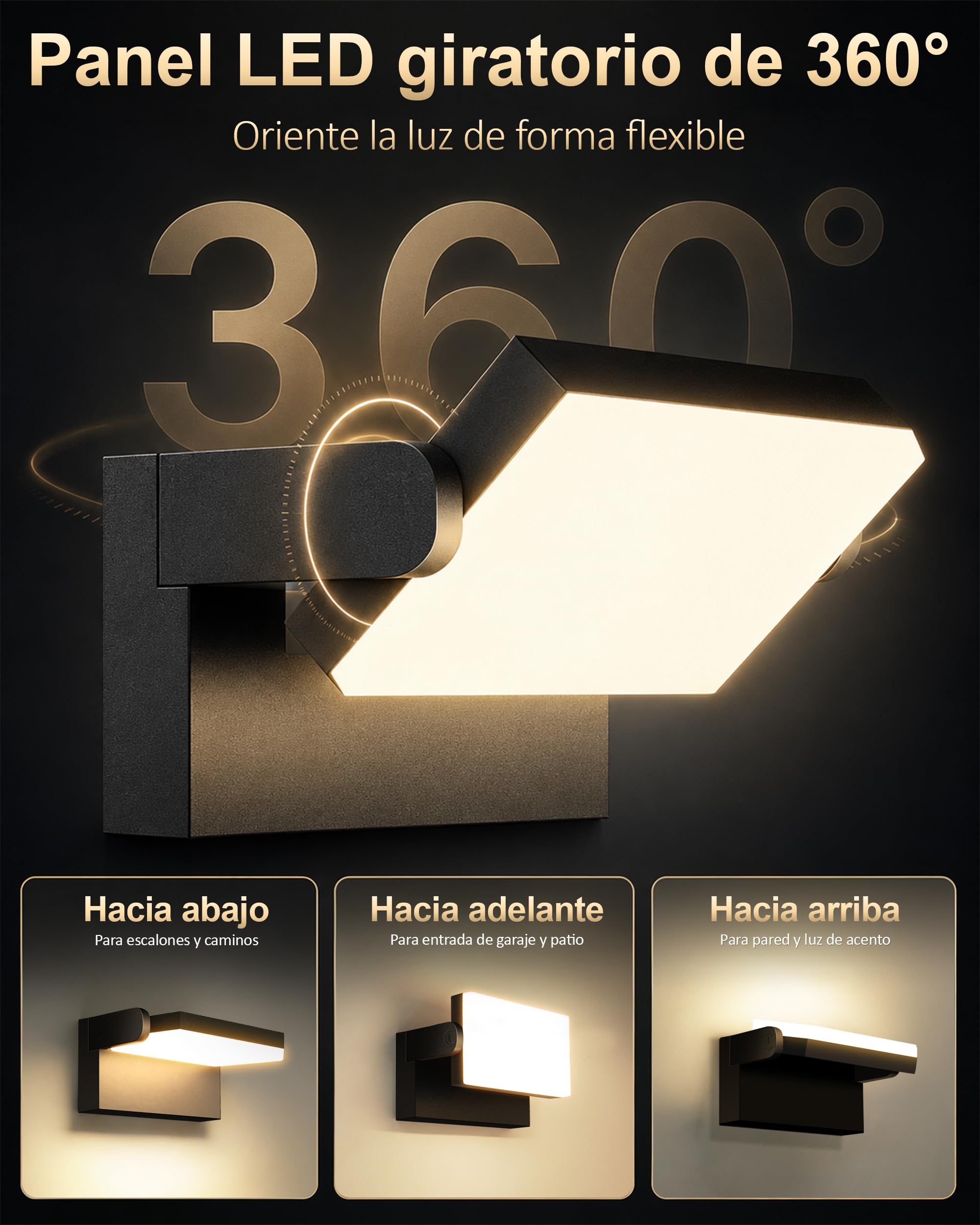 Kingwen LED Aplique Pared Exterior/Interior Negra 360°Rotación Blanco cálido 40W 3000K Focos LED Exterior Impermeable IP65 Apliques de Pared 3000LM | Color negro, LED integrado, IP65 clase energética E, aluminio fundido, IP65 impermeable, para uso en exte
