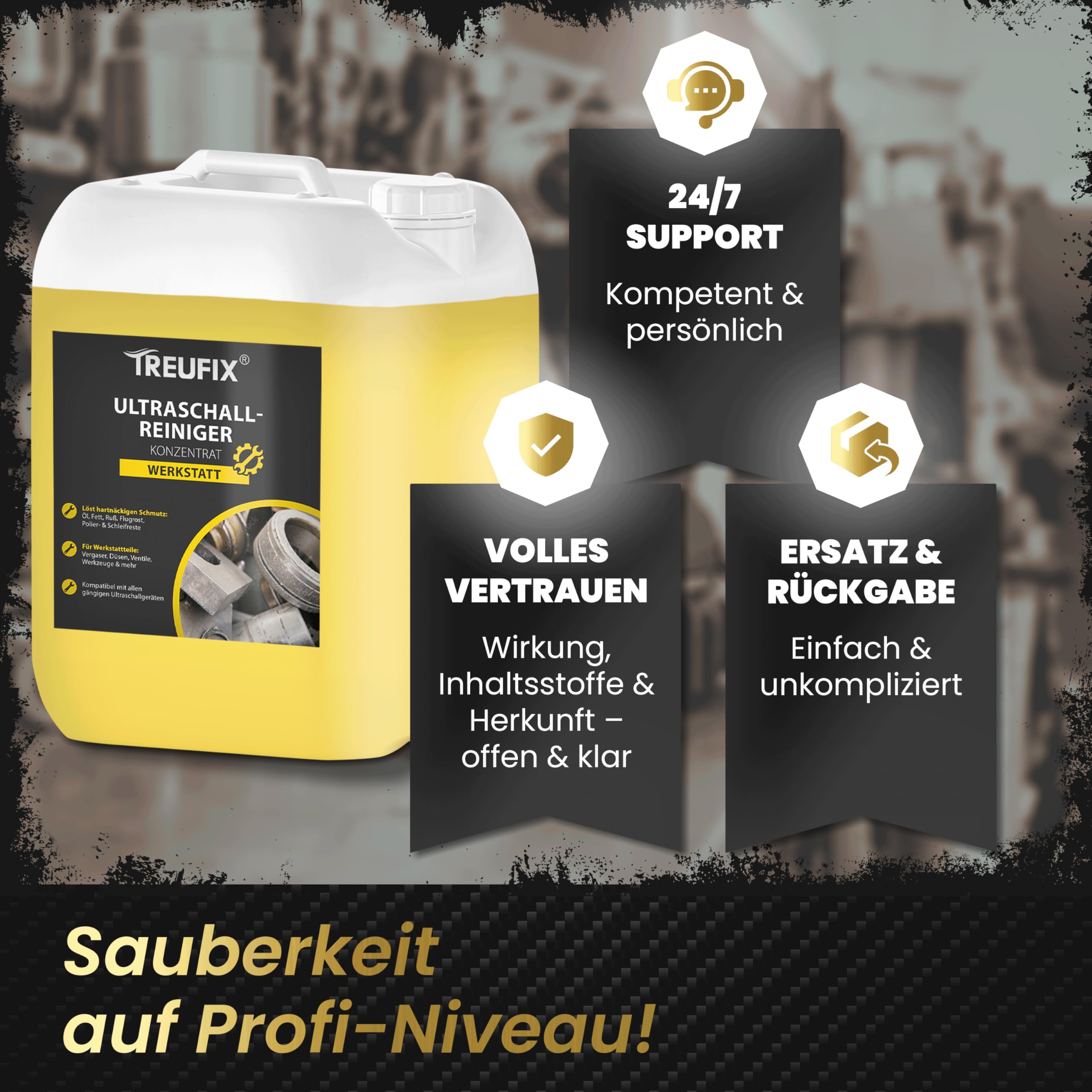 Treufix Ultraschallreiniger Konzentrat Werkstatt 5L | für Vergaser, Einspritzdüsen, Motorenteile – stark gegen Öl, Fett, Ruß – materialschonend & effektiv – Made in DE