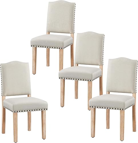 Yaheetech Juego de 4 sillas de comedor de tela Parsons con ribete de cabeza de clavo y patas de madera maciza para el hogar, cocina, comedor, beige