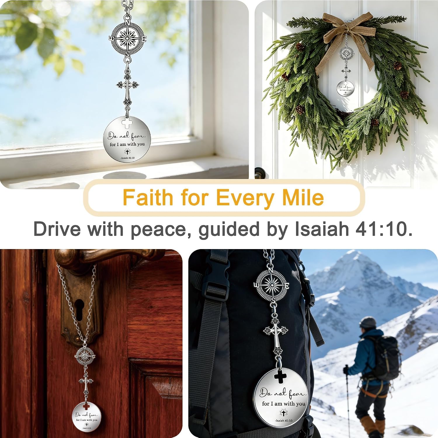 Christian Cross Car Hanging Ornament for Rear View Mirror Scripture Bible Verse Cross Pendant Decor Religious Graduation Gift Faith Jewelry Protective Car Accessories (Isaiah 41:10) image 4