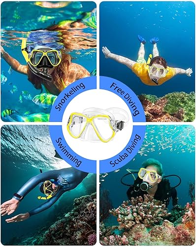 Miniatura 5 de Equipo de esnórquel para adultos y niños, juego de esnórquel en seco, lente panorámica de vidrio templado antifugas y antivaho. Juego de esnórquel