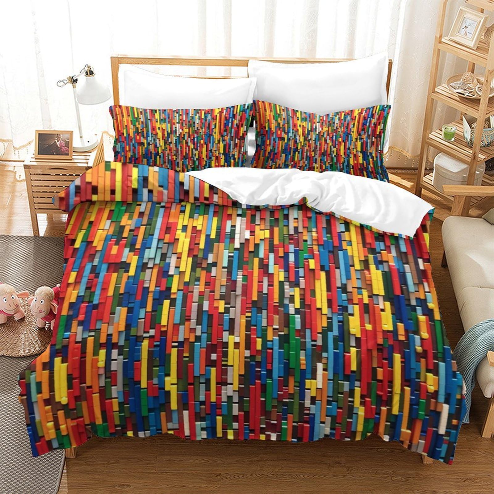 Housse de couette 200x200 blocs colorés en microfibre hypoallergénique facile à laver