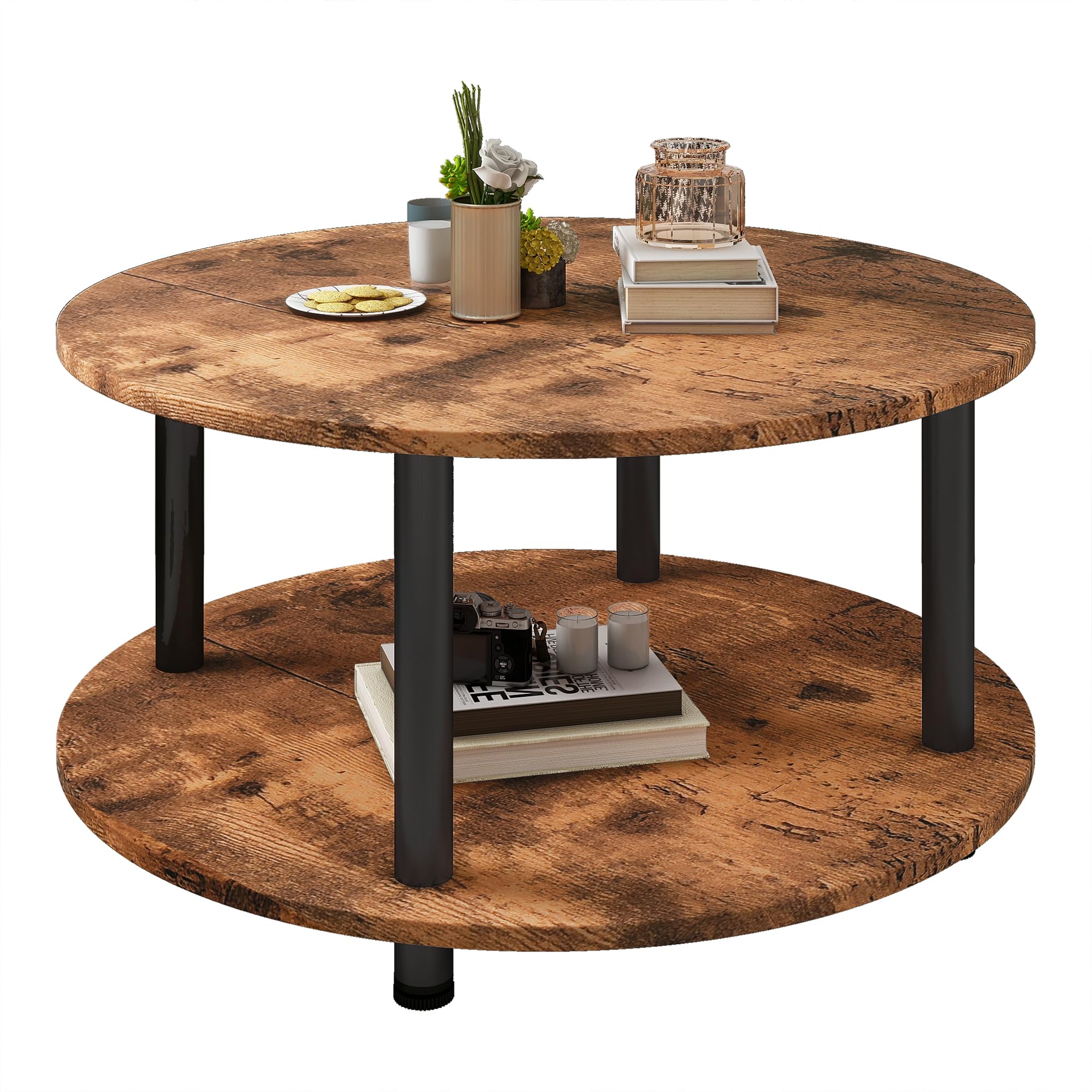 23 6 Round Coffee Table 2-Tier Small Circle Coffee Table with Storage Modern Center Accent Table with Metal