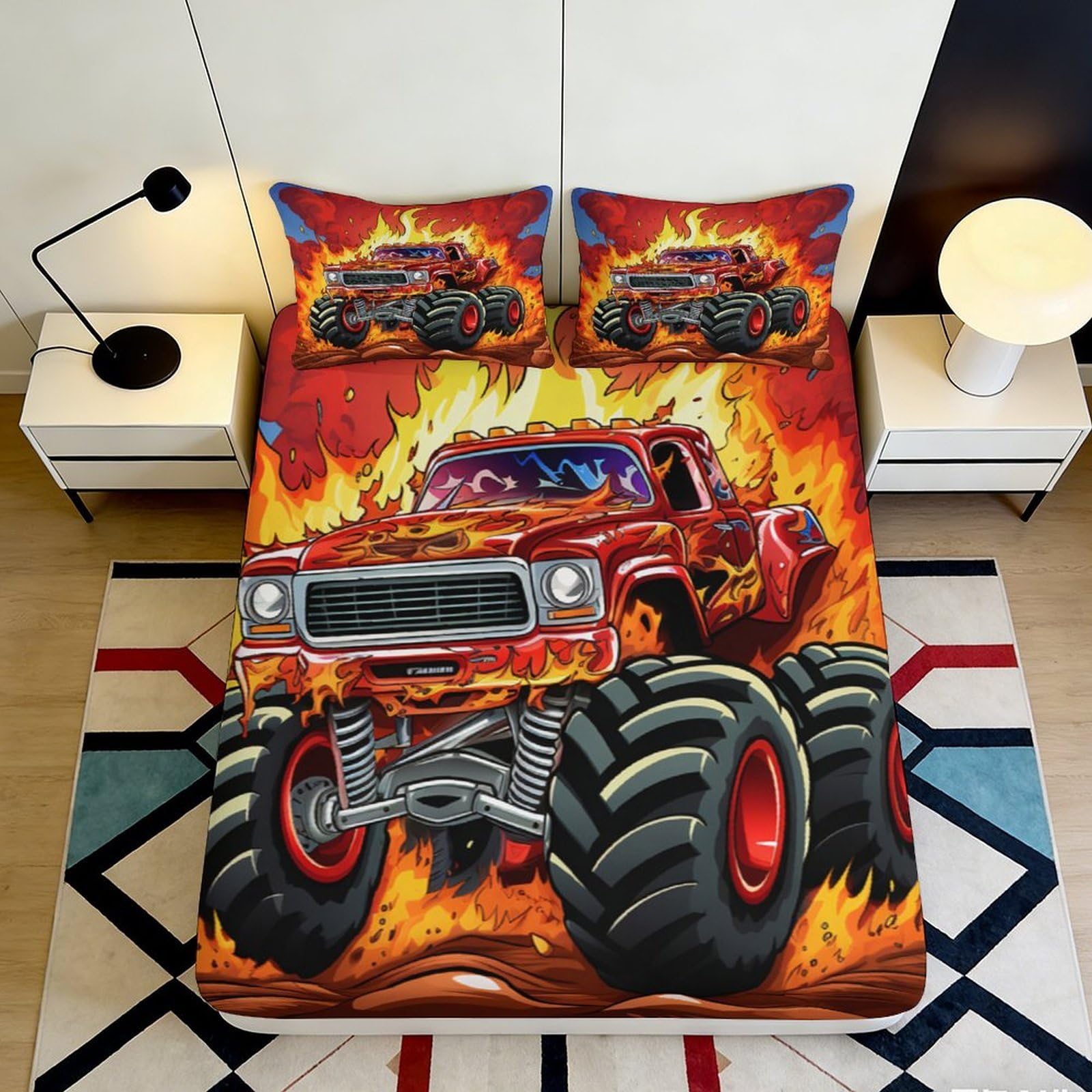 3D Printed Monster Truck Fitted Sheet Microfiber Flame Pattern Bed Cover for Bedroom Dorm Decor Mattress Protection 90x200x25cm