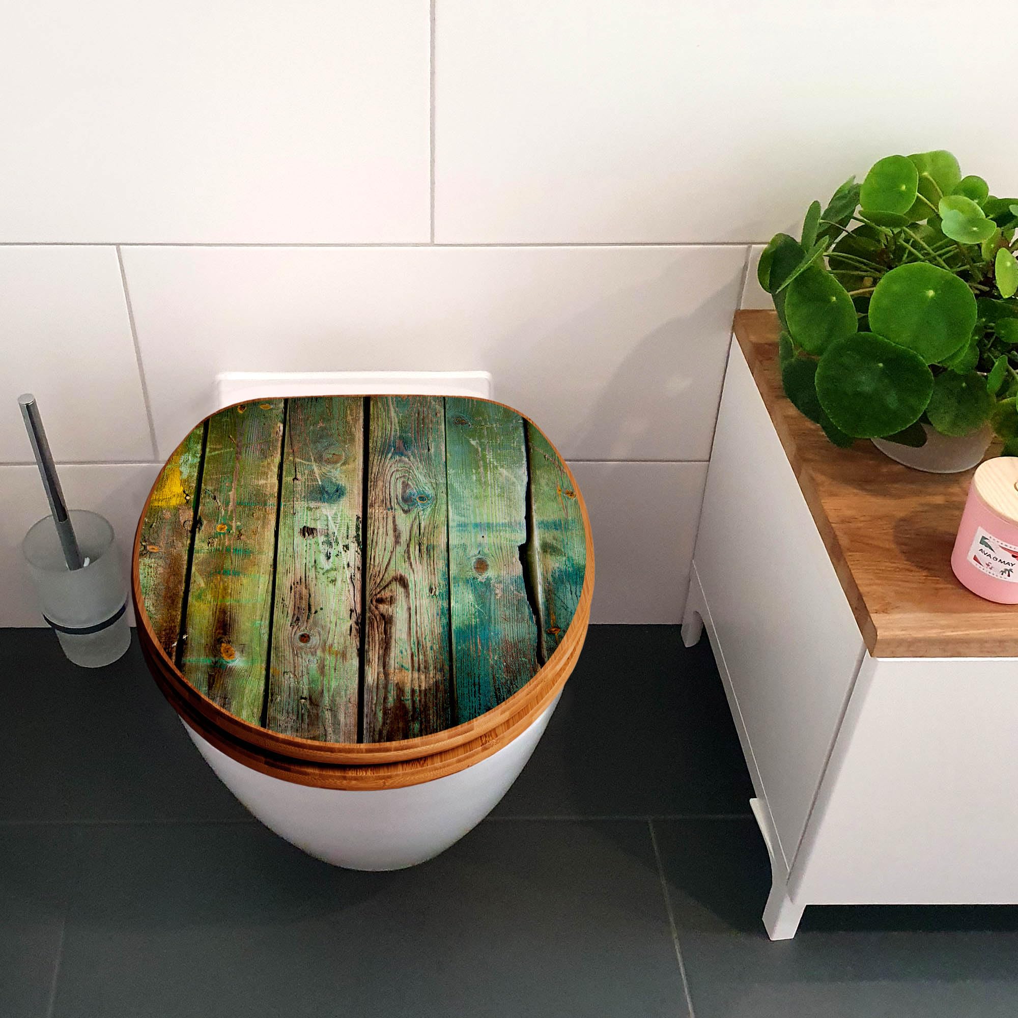 banjado Design WC Sitz Bambus Absenkautomatik 45,8x37,5cm - Toilettendeckel mit Absenkautomatik Holz - hochwertiger Bambus Klodeckel - WC-Sitz für gängigen Toiletten - Motiv Grünes Holz