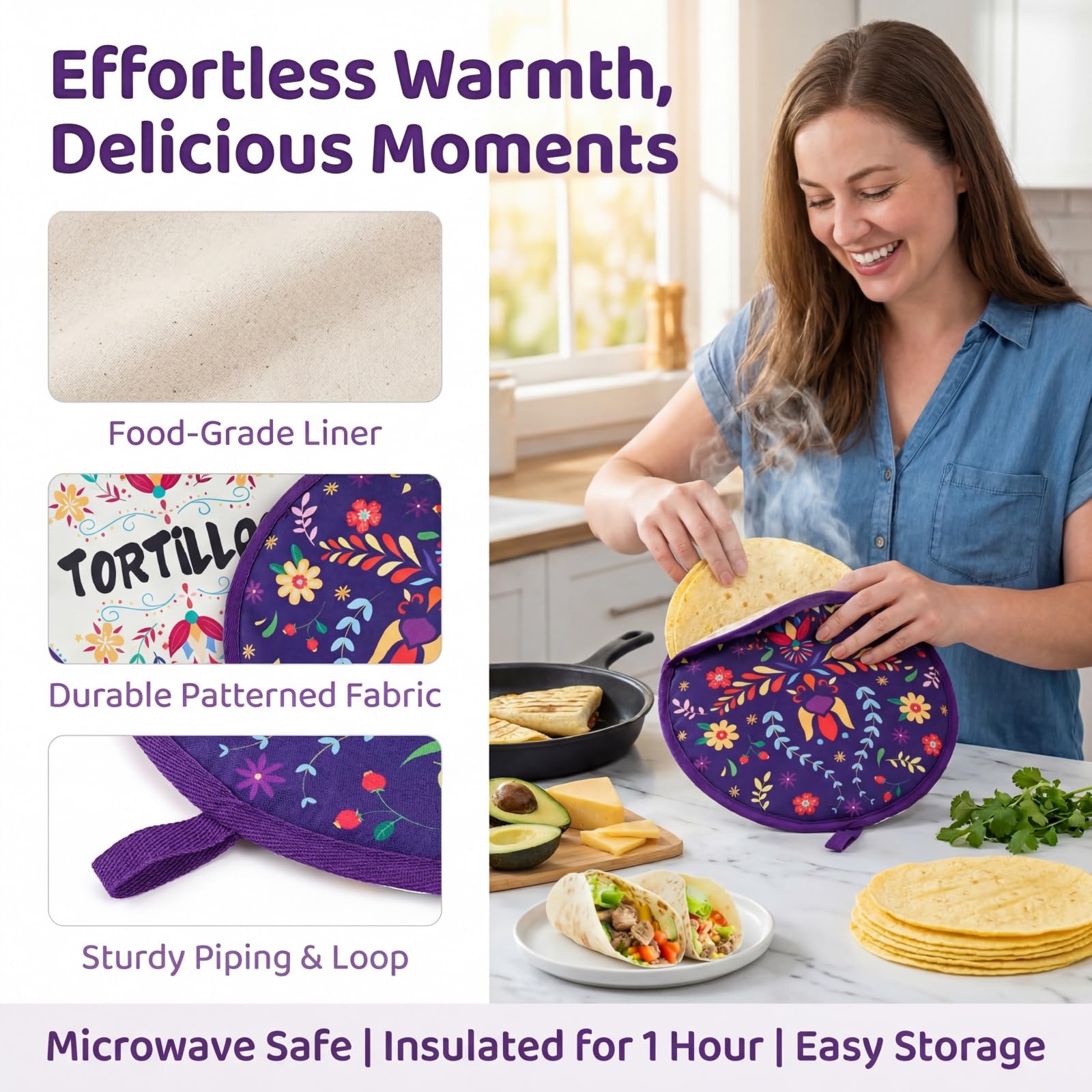 Lyellfe Tortilla-Wärmerbeutel, 30,5 cm, isolierter Tuch-Taco-Wärmer für Maismehl-Tortillas, Taco-Dienstagabend, Halloween-Party, mikrowellengeeignet, gefriergeeignet, 3 Stück