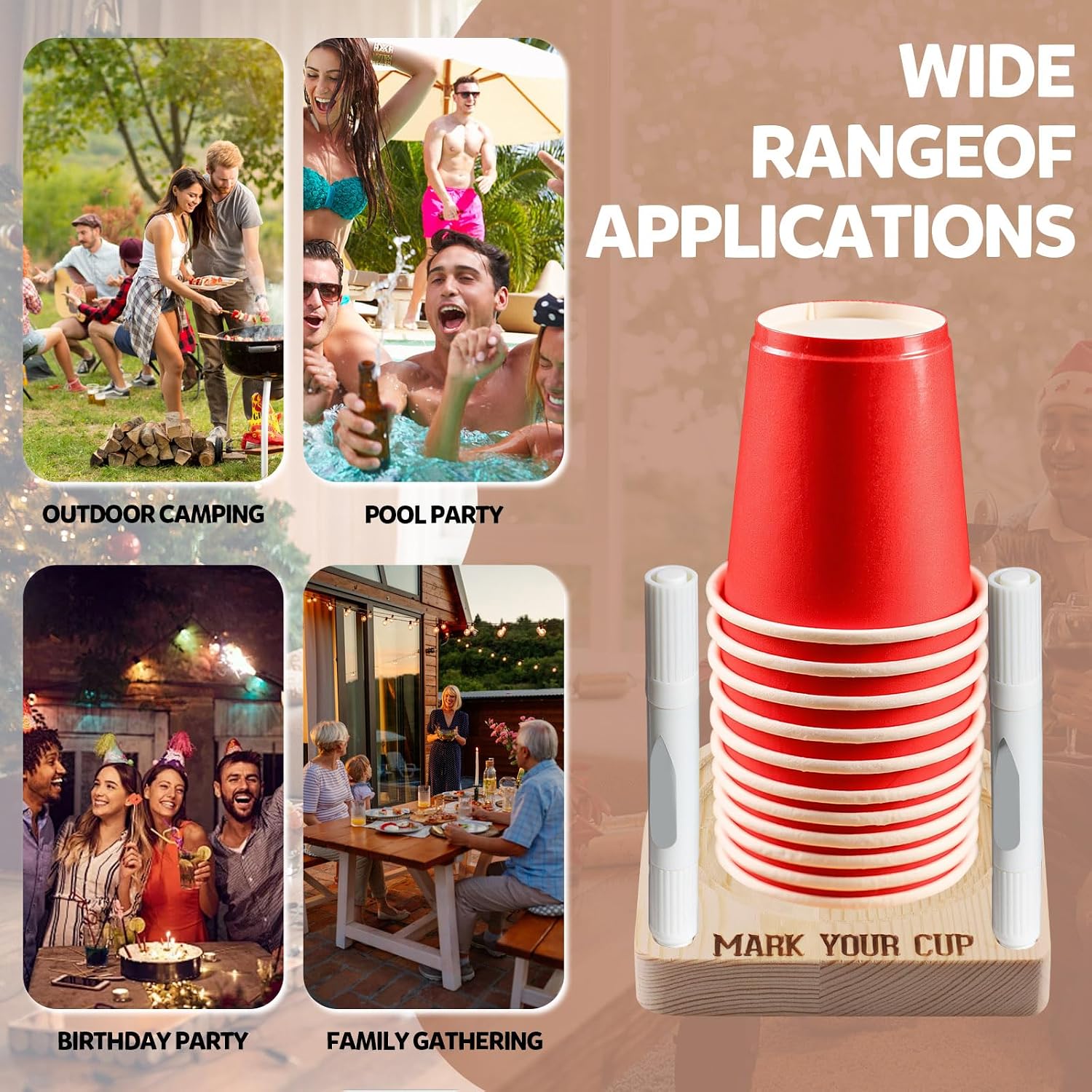 2 Packs Single Solo Cup Holder with Marker Slot Organizer, Wooden Paper Mark Your Cup Holder Mug Stand Dispensers for Party Hosting Bathroom Kitchen Countertop Decor Bar
