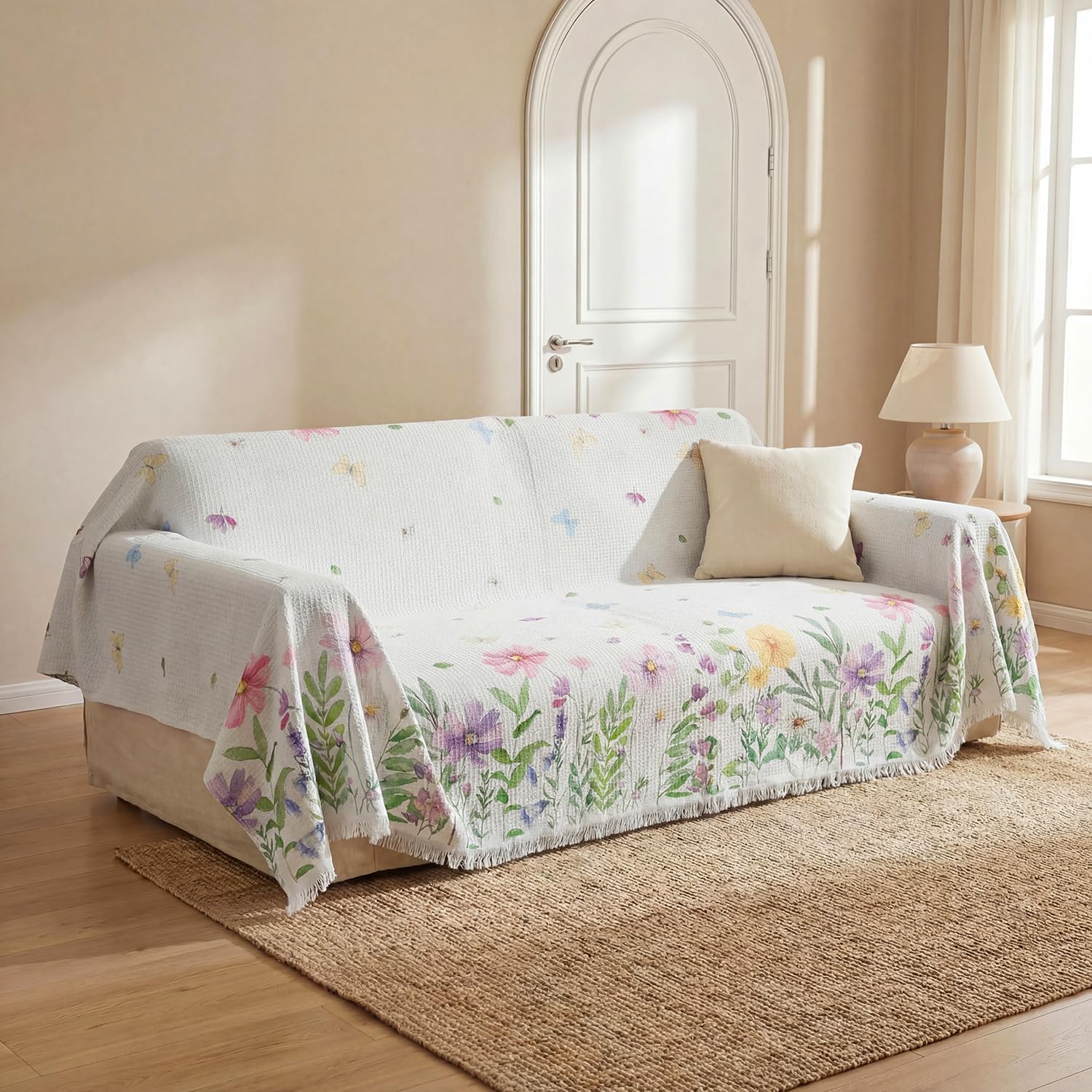 Horaldaily Spring Summer Waffle Couch Sofa Slip Cover, Butterfly Non Slip Washable Couch Sofa Cover for 2 Cushion Pet Friendly, Sectional L Shape Covers for Dogs, Kids,71"x118"